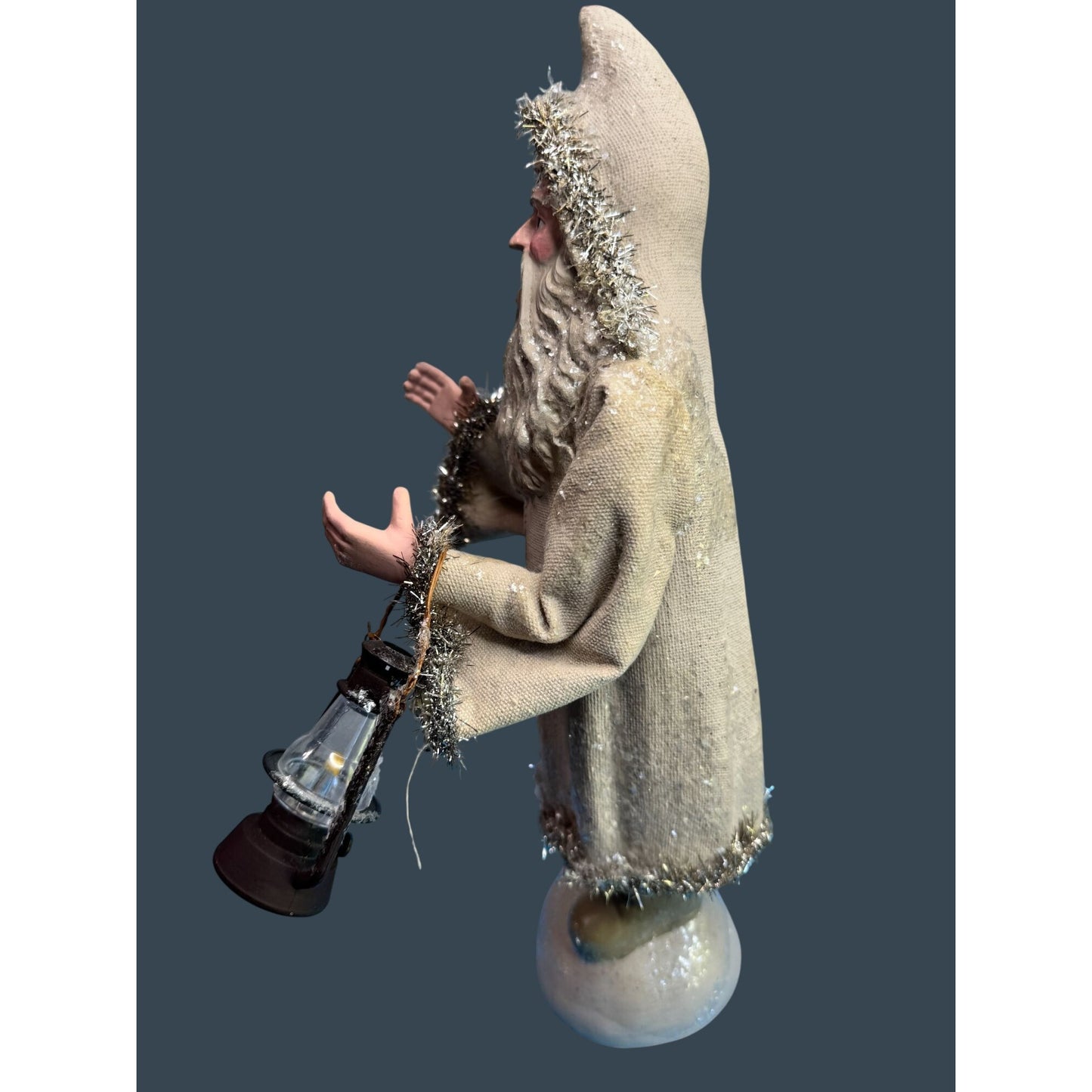 Vintage Style Lantern Santa Figure Fabric Coat Mica Trim Rustic 14"