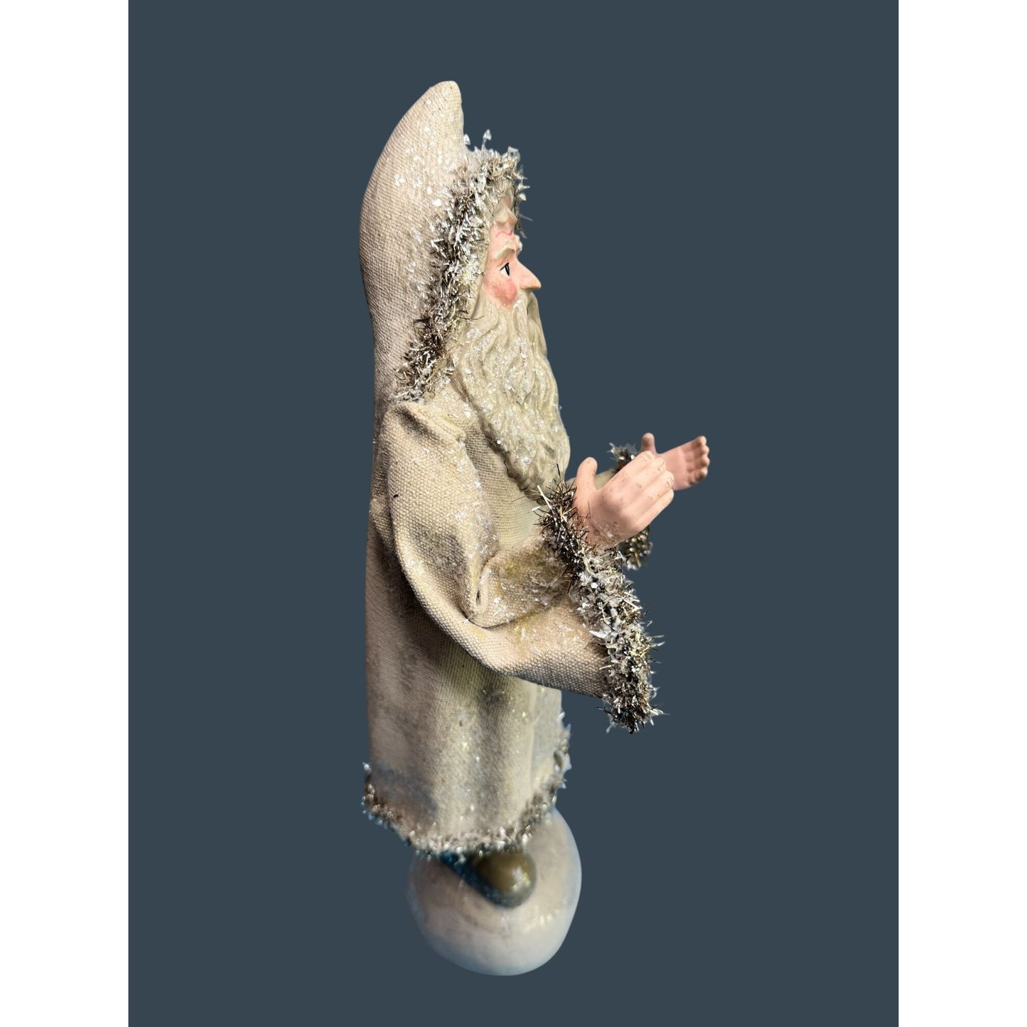 Vintage Style Lantern Santa Figure Fabric Coat Mica Trim Rustic 14"
