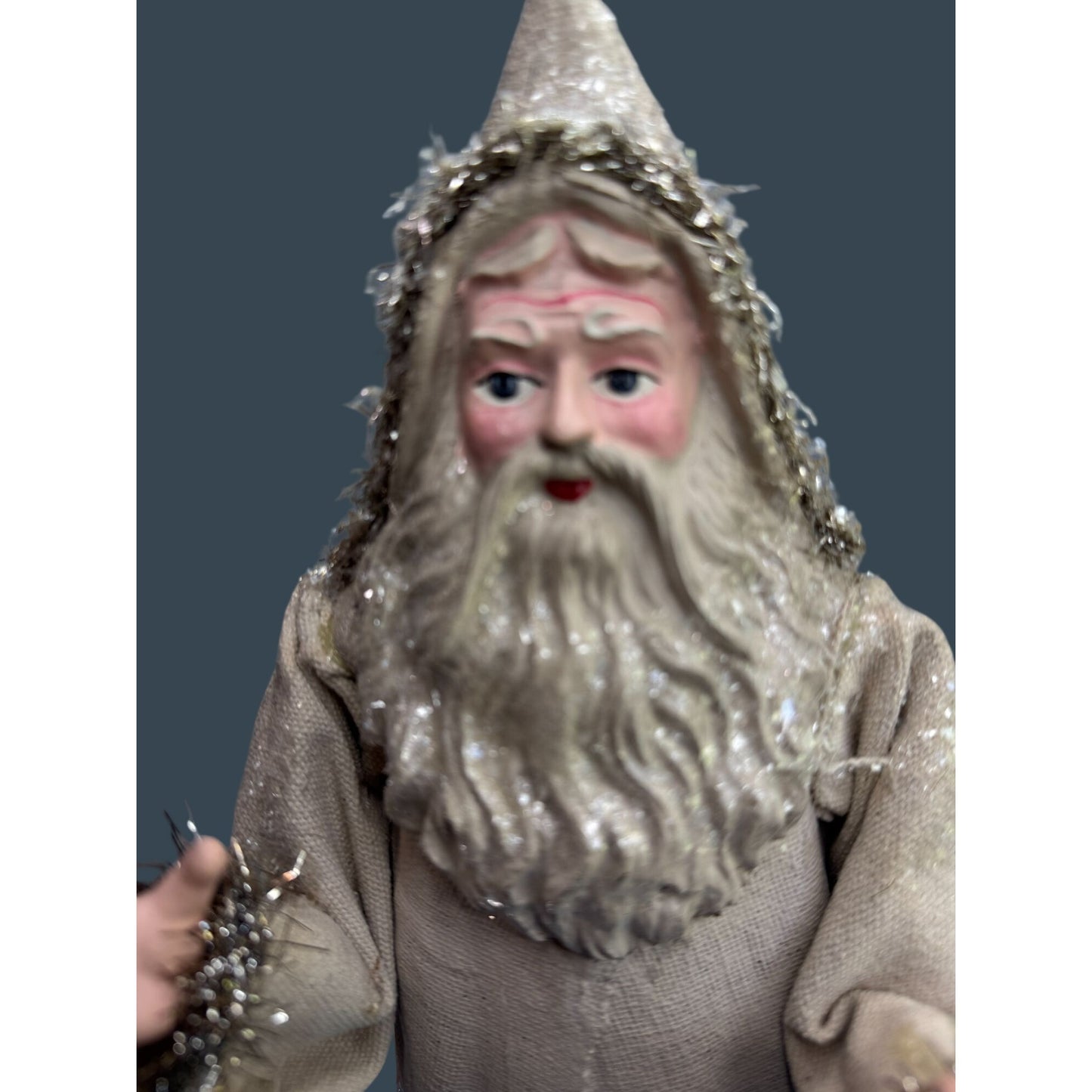 Vintage Style Lantern Santa Figure Fabric Coat Mica Trim Rustic 14"