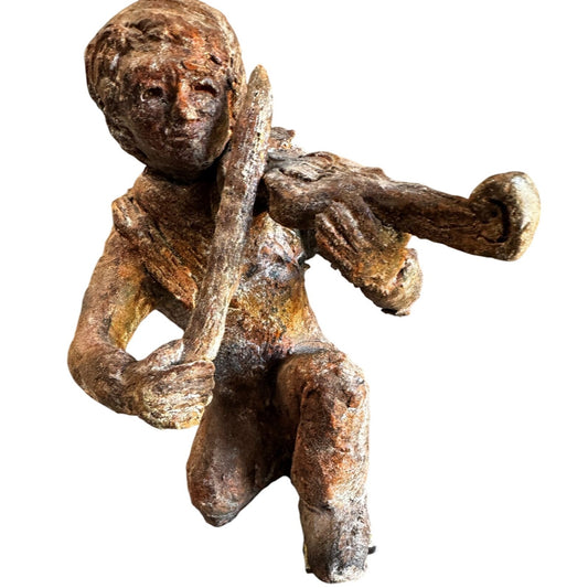 Hand Sculpted Terracotta Violinist With Snake Rustic Folk Art Figure 10 Inch