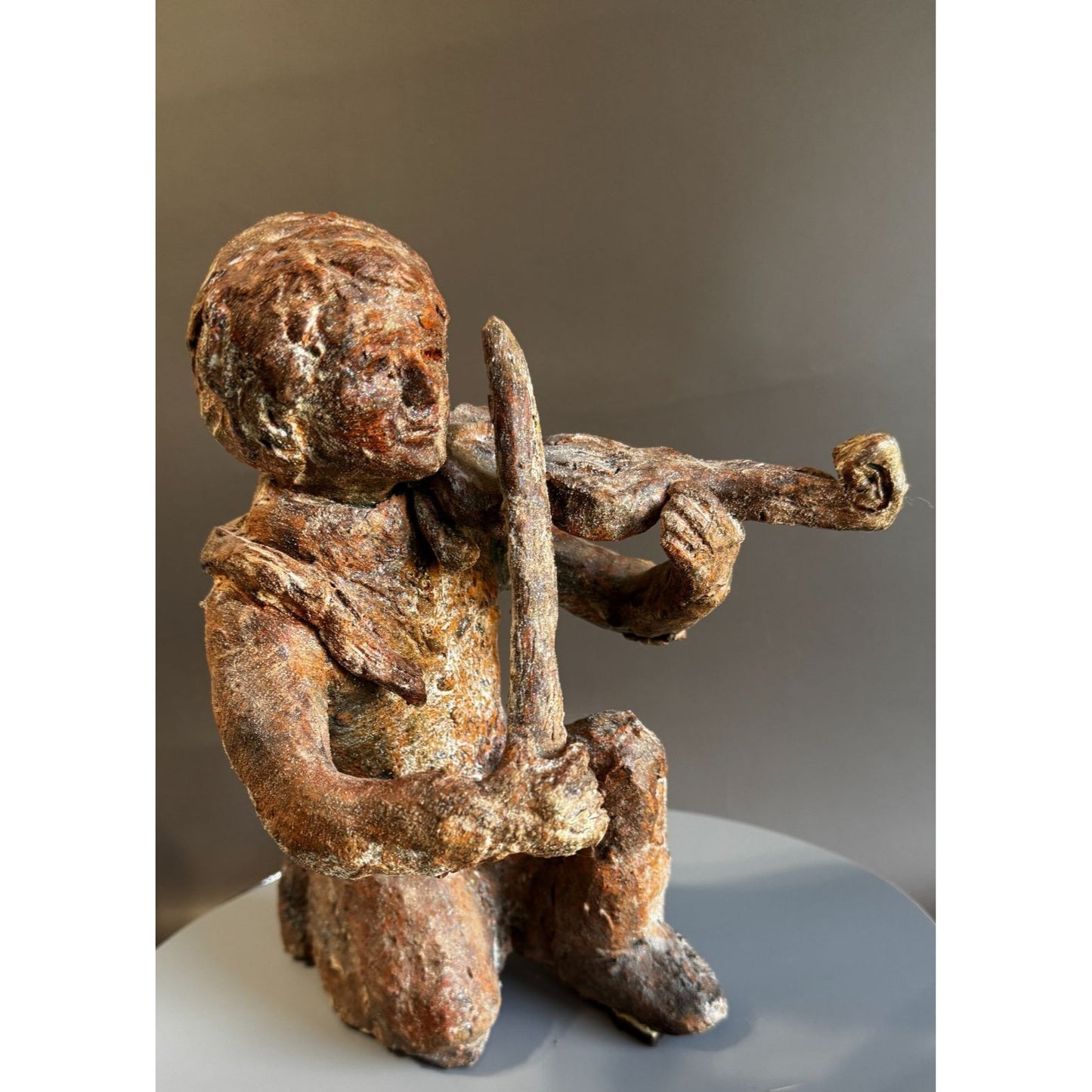 Hand Sculpted Terracotta Violinist With Snake Rustic Folk Art Figure 10 Inch