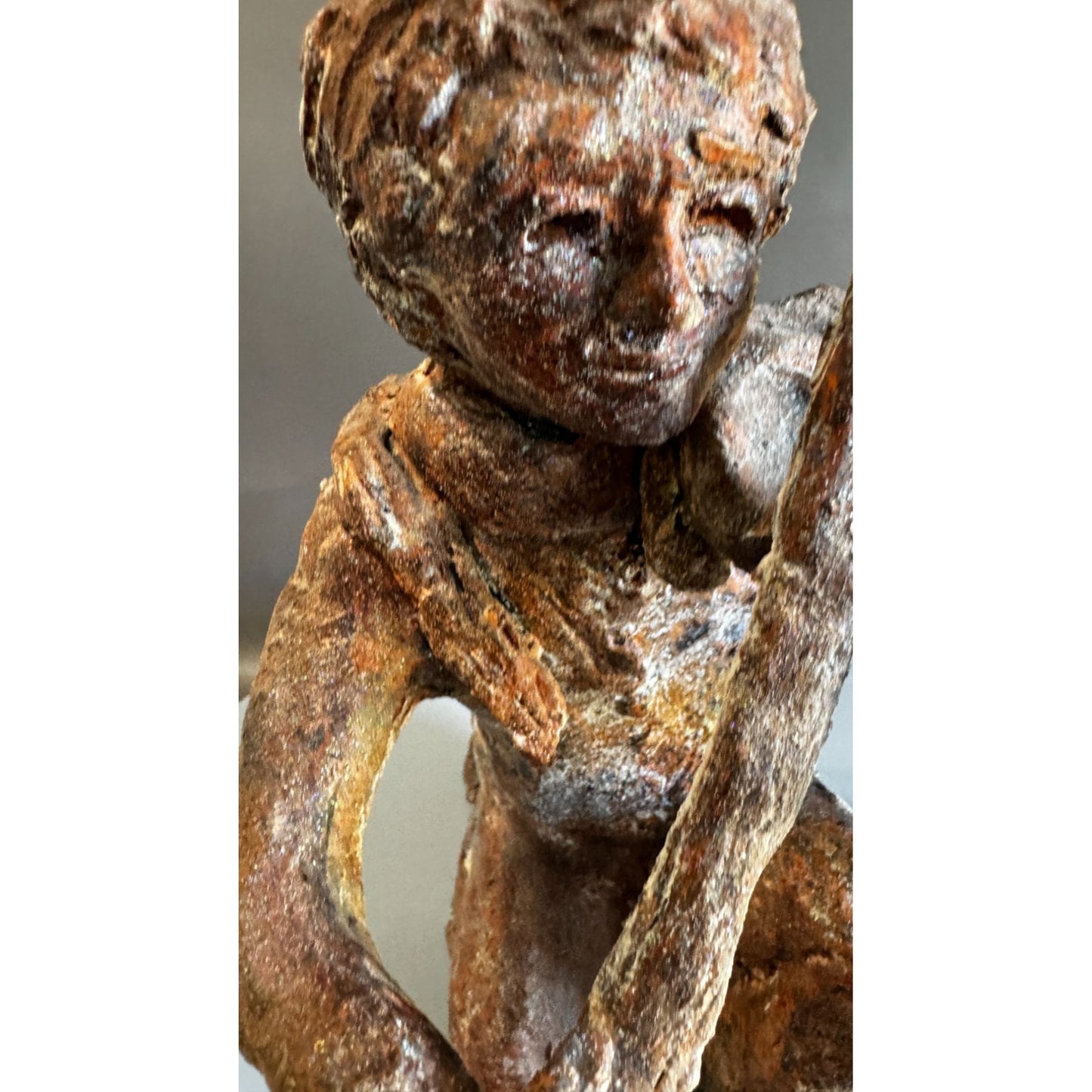 Hand Sculpted Terracotta Violinist With Snake Rustic Folk Art Figure 10 Inch