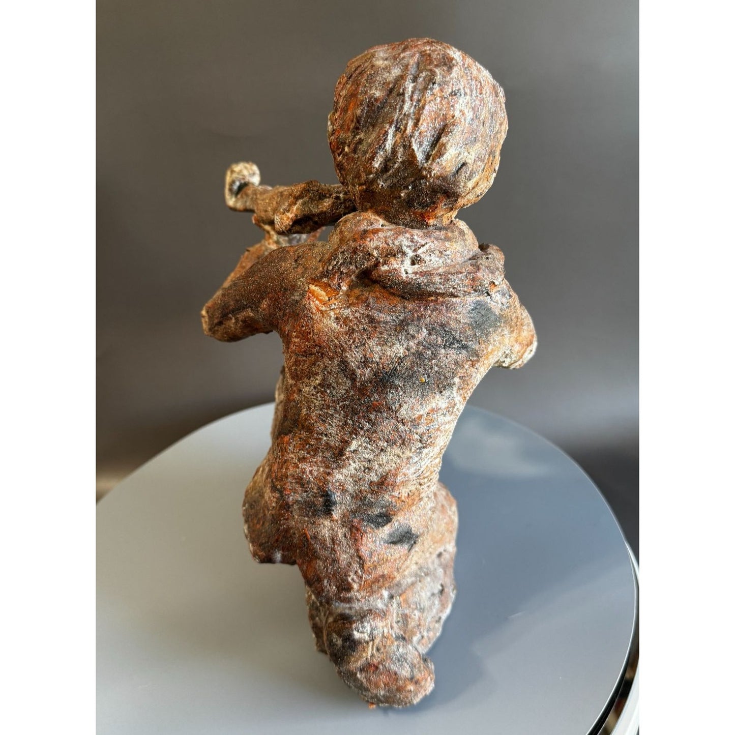 Hand Sculpted Terracotta Violinist With Snake Rustic Folk Art Figure 10 Inch