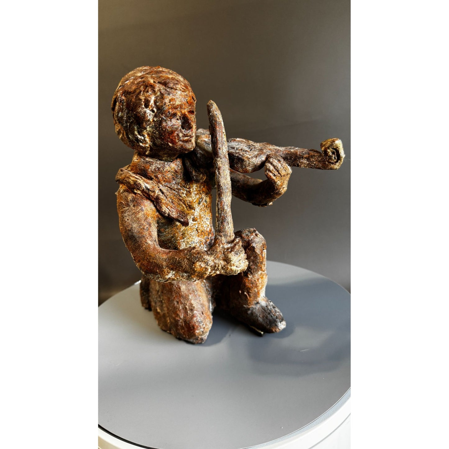 Hand Sculpted Terracotta Violinist With Snake Rustic Folk Art Figure 10 Inch