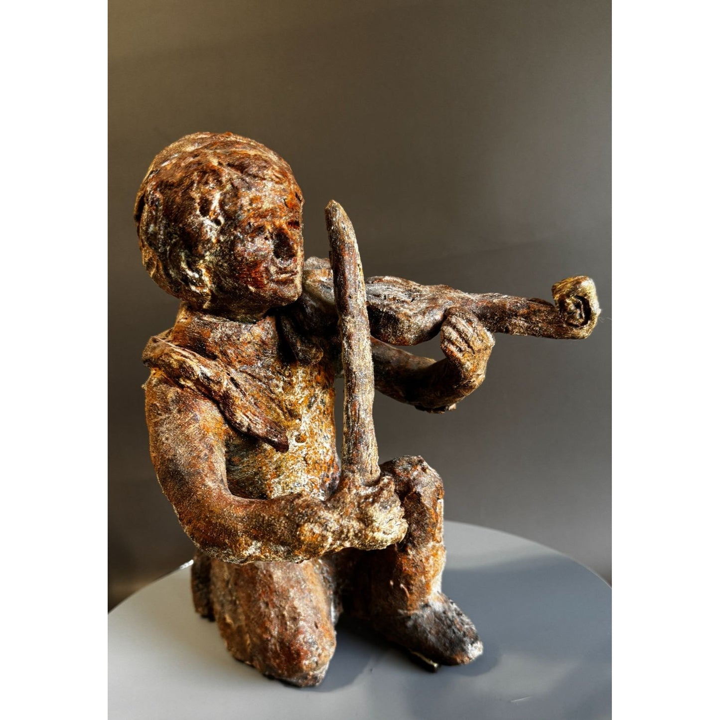 Hand Sculpted Terracotta Violinist With Snake Rustic Folk Art Figure 10 Inch