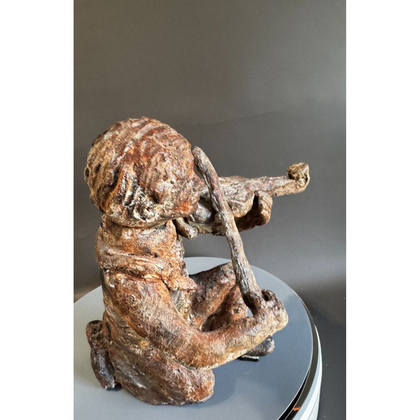 Hand Sculpted Terracotta Violinist With Snake Rustic Folk Art Figure 10 Inch