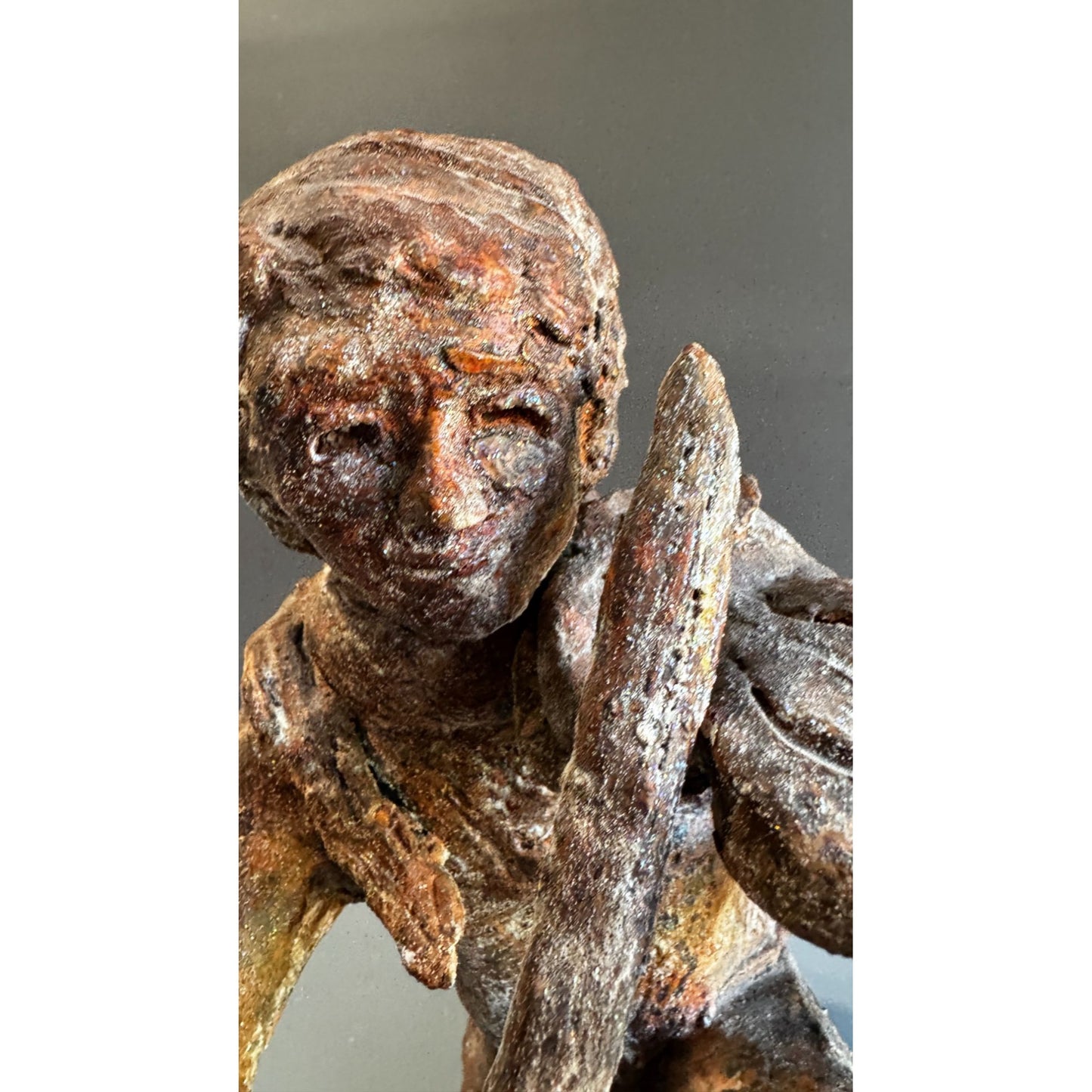 Hand Sculpted Terracotta Violinist With Snake Rustic Folk Art Figure 10 Inch