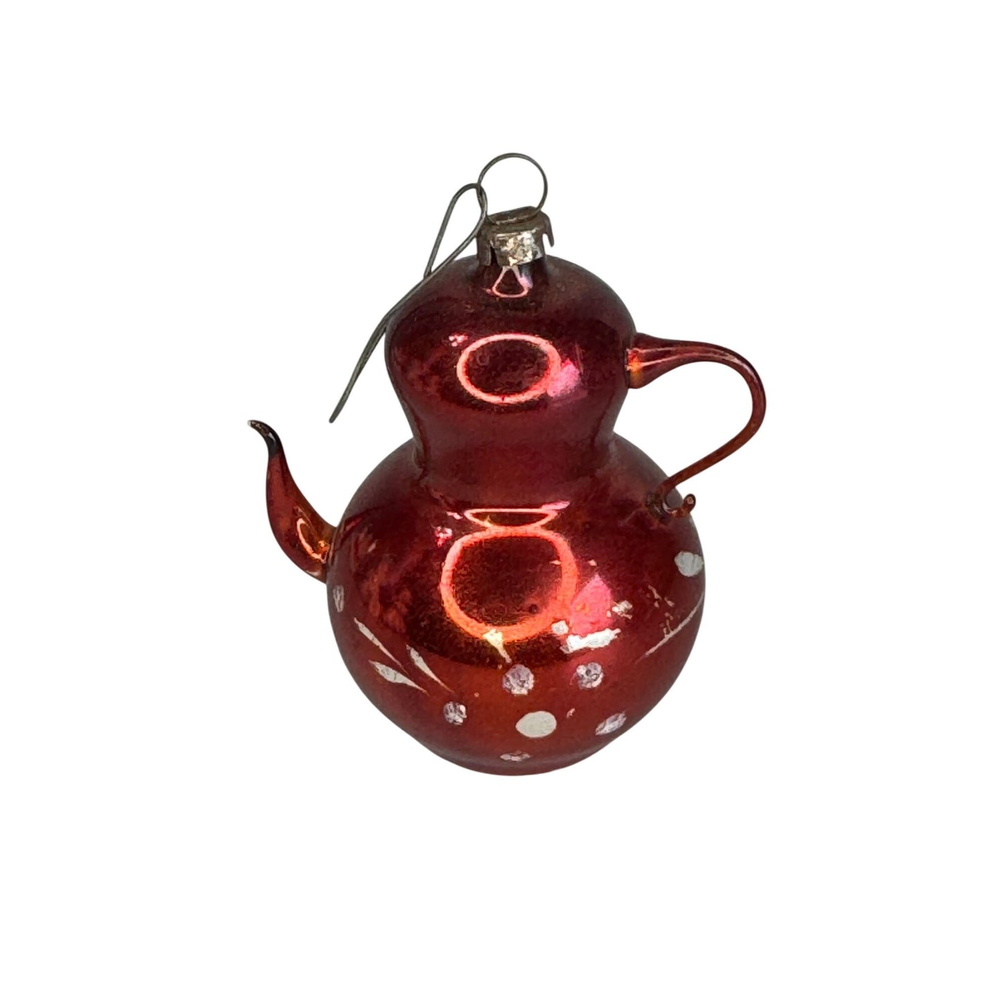 Antique German Mercury Glass Teapot Ornament Red Hand-Painted Leaves 3"