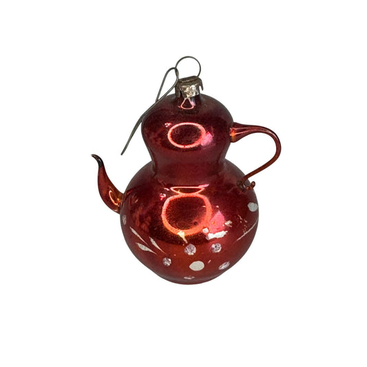 Antique German Mercury Glass Teapot Ornament Red Hand-Painted Leaves 3"