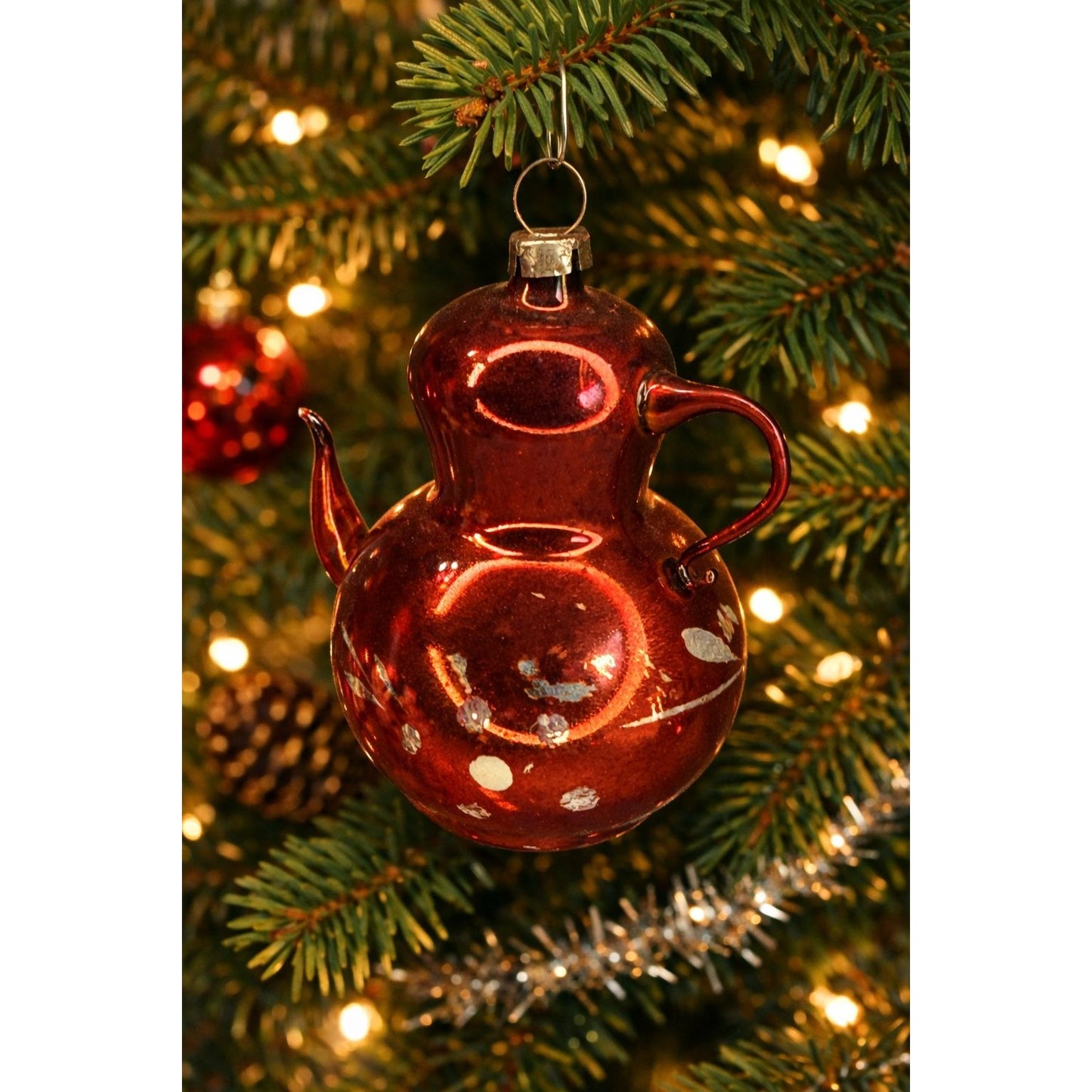 Antique German Mercury Glass Teapot Ornament Red Hand-Painted Leaves 3"