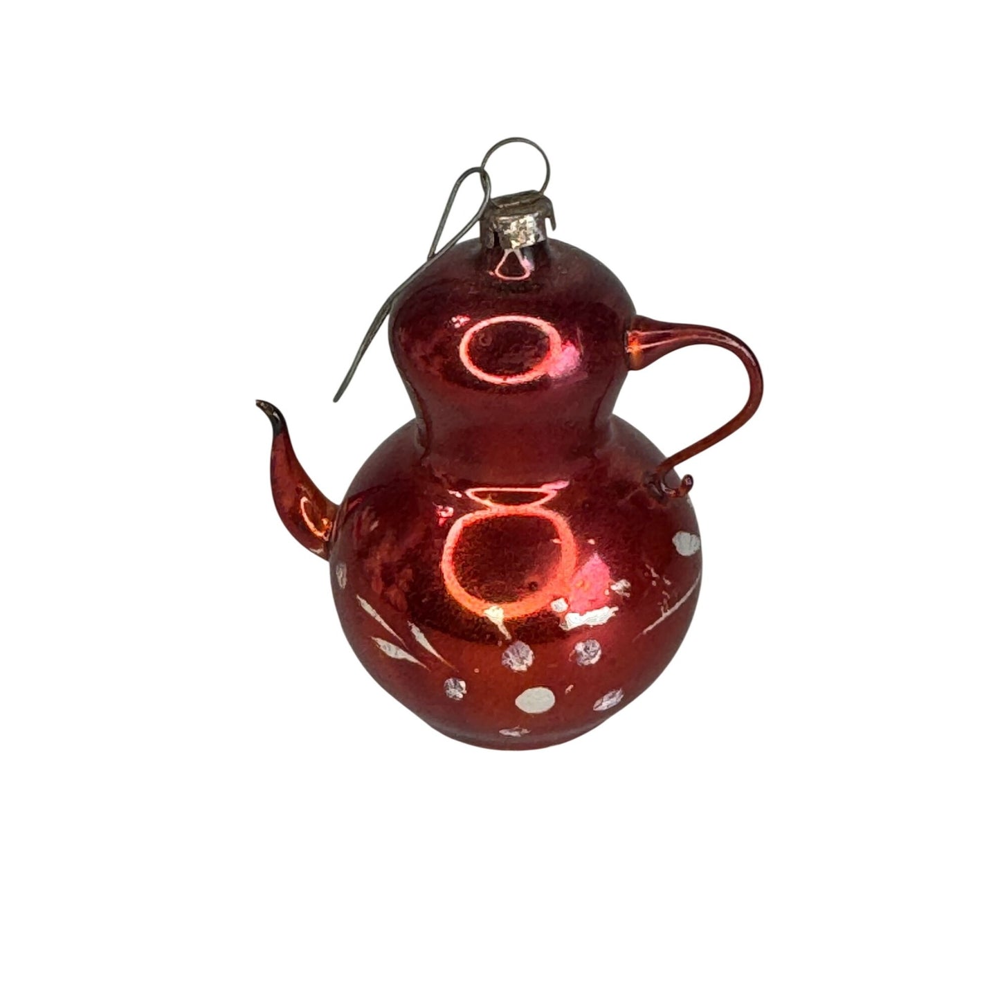 Antique German Mercury Glass Teapot Ornament Red Hand-Painted Leaves 3"