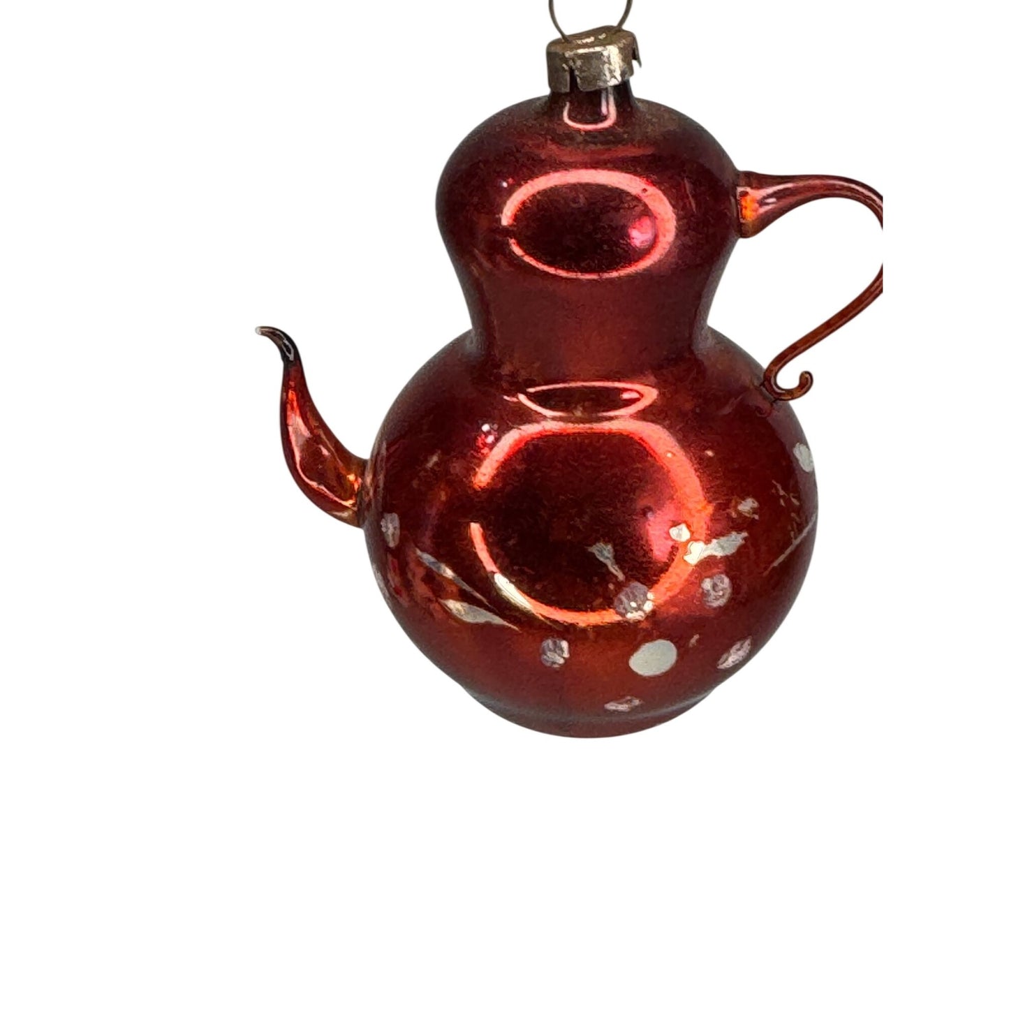 Antique German Mercury Glass Teapot Ornament Red Hand-Painted Leaves 3"
