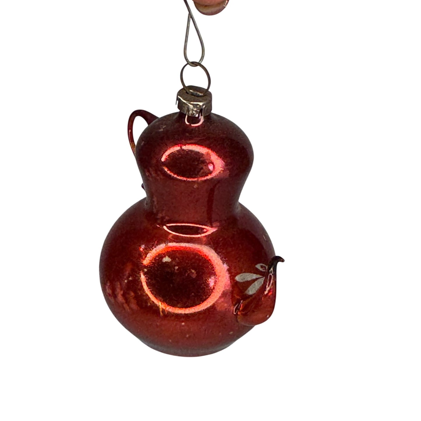 Antique German Mercury Glass Teapot Ornament Red Hand-Painted Leaves 3"