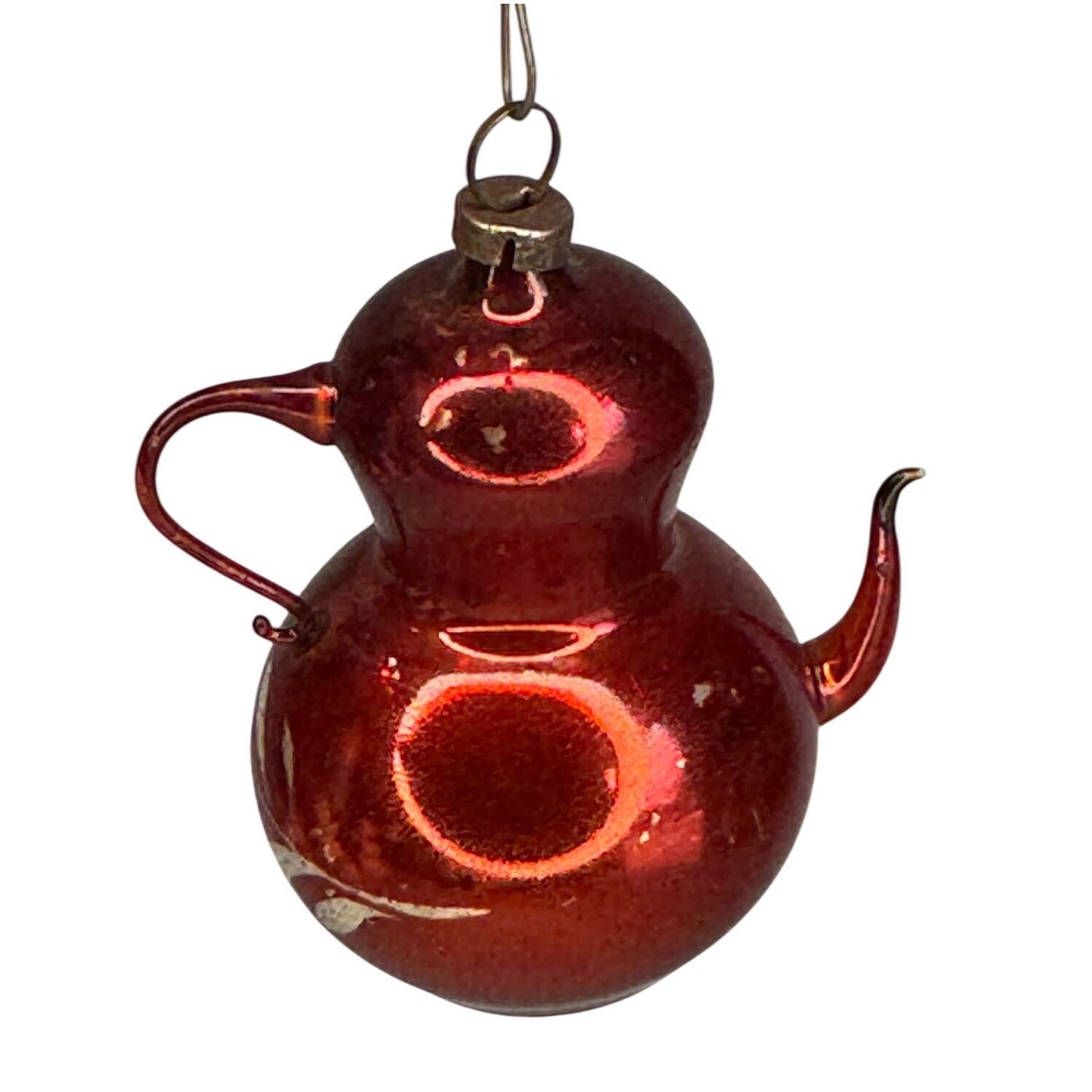 Antique German Mercury Glass Teapot Ornament Red Hand-Painted Leaves 3"