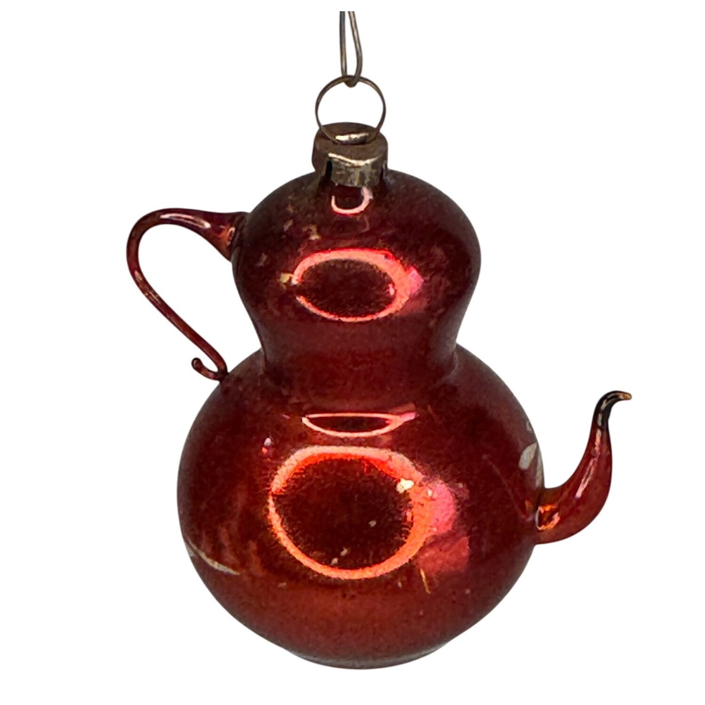 Antique German Mercury Glass Teapot Ornament Red Hand-Painted Leaves 3"