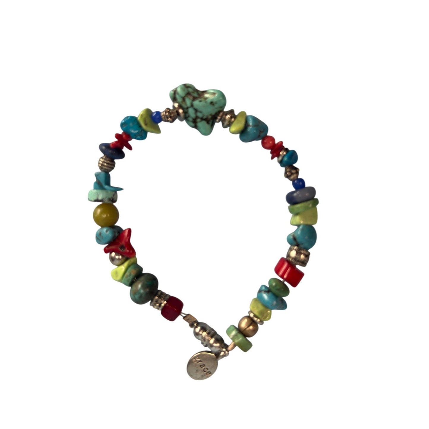 Bohemian Bracelet Mixed Colorful Stones Turquoise Grace Charm Silver Accents 8"