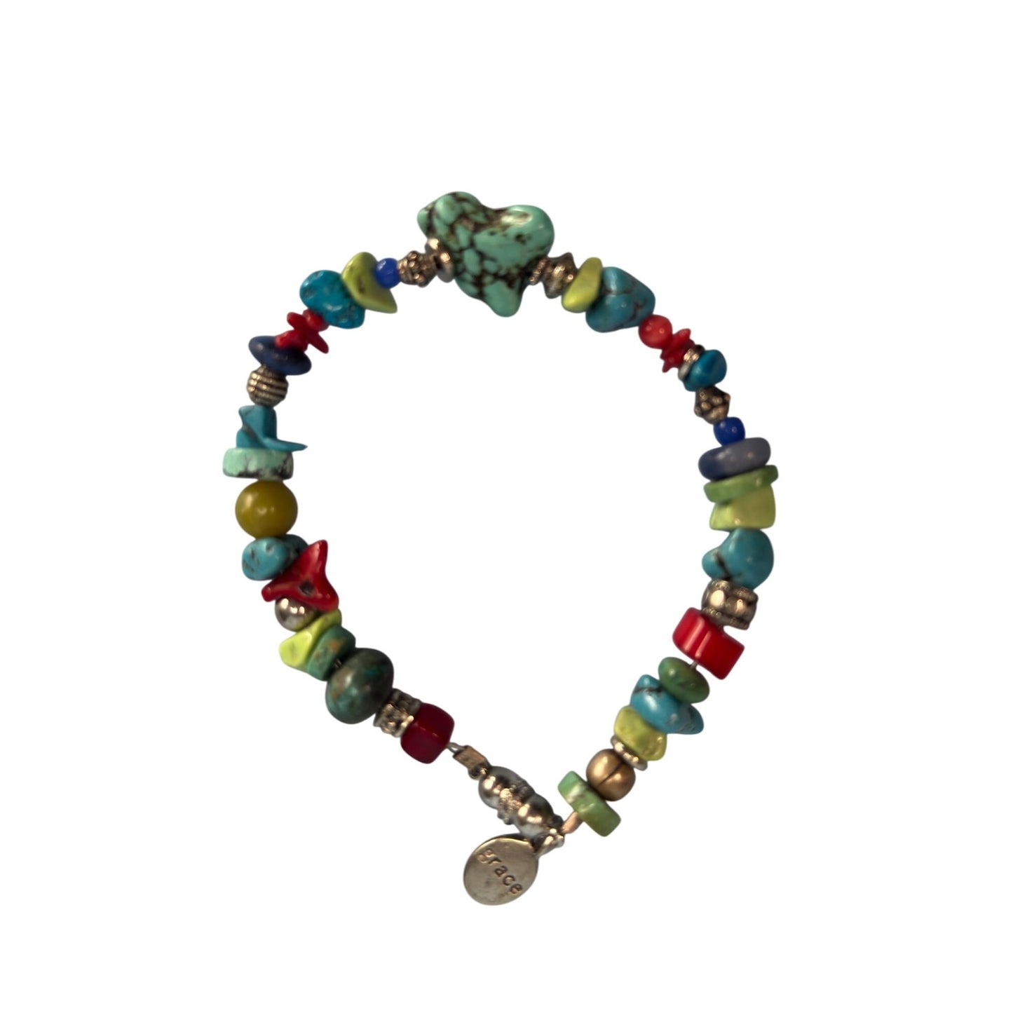 Bohemian Bracelet Mixed Colorful Stones Turquoise Grace Charm Silver Accents 8"