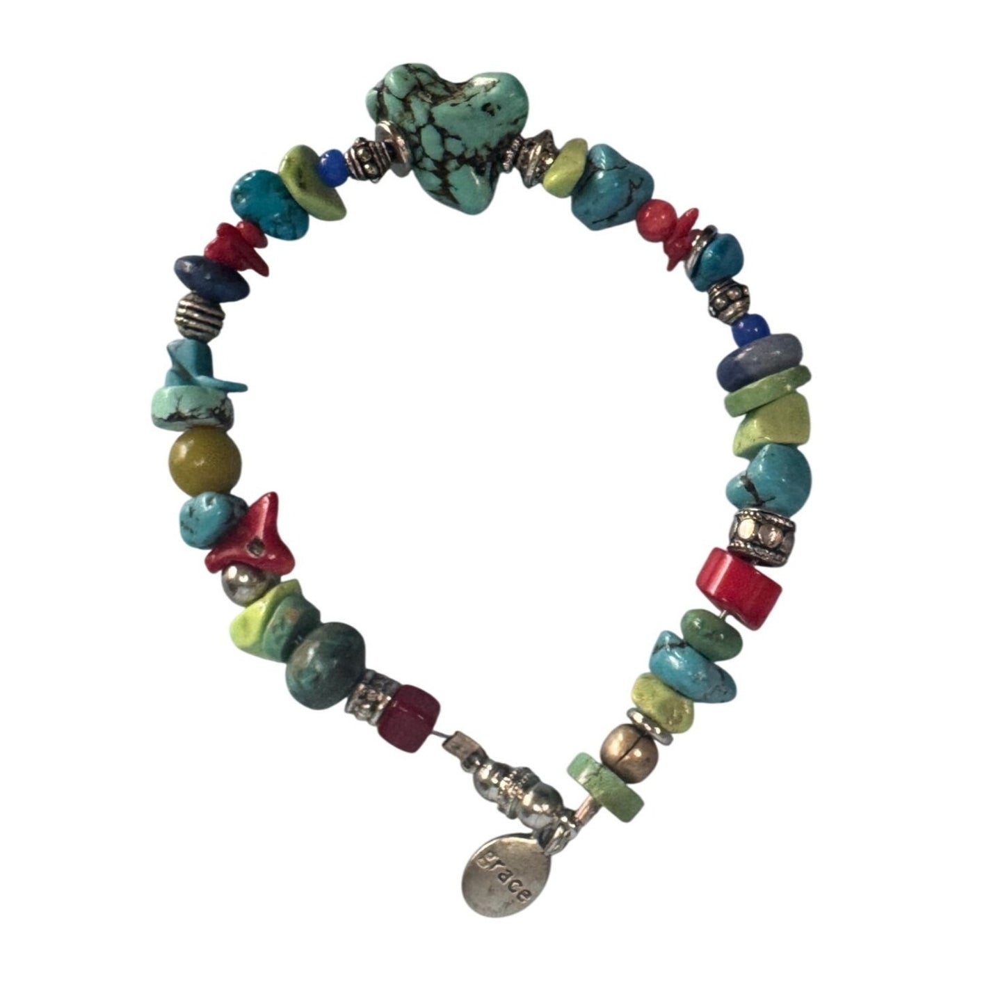 Bohemian Bracelet Mixed Colorful Stones Turquoise Grace Charm Silver Accents 8"