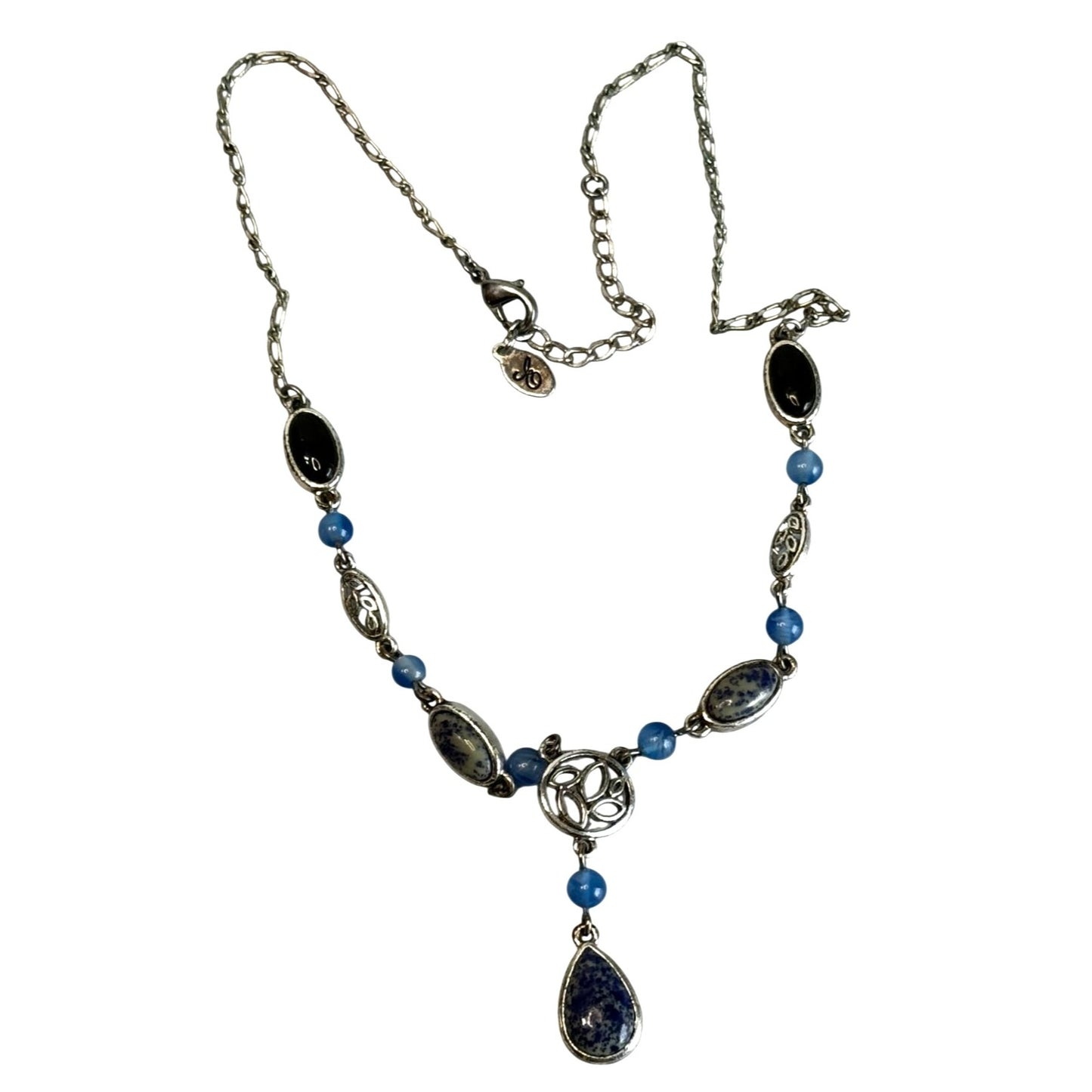 Vintage Lapis Lazuli Bead Necklace Silver Tone Celtic Knot Drop Pendant 16"