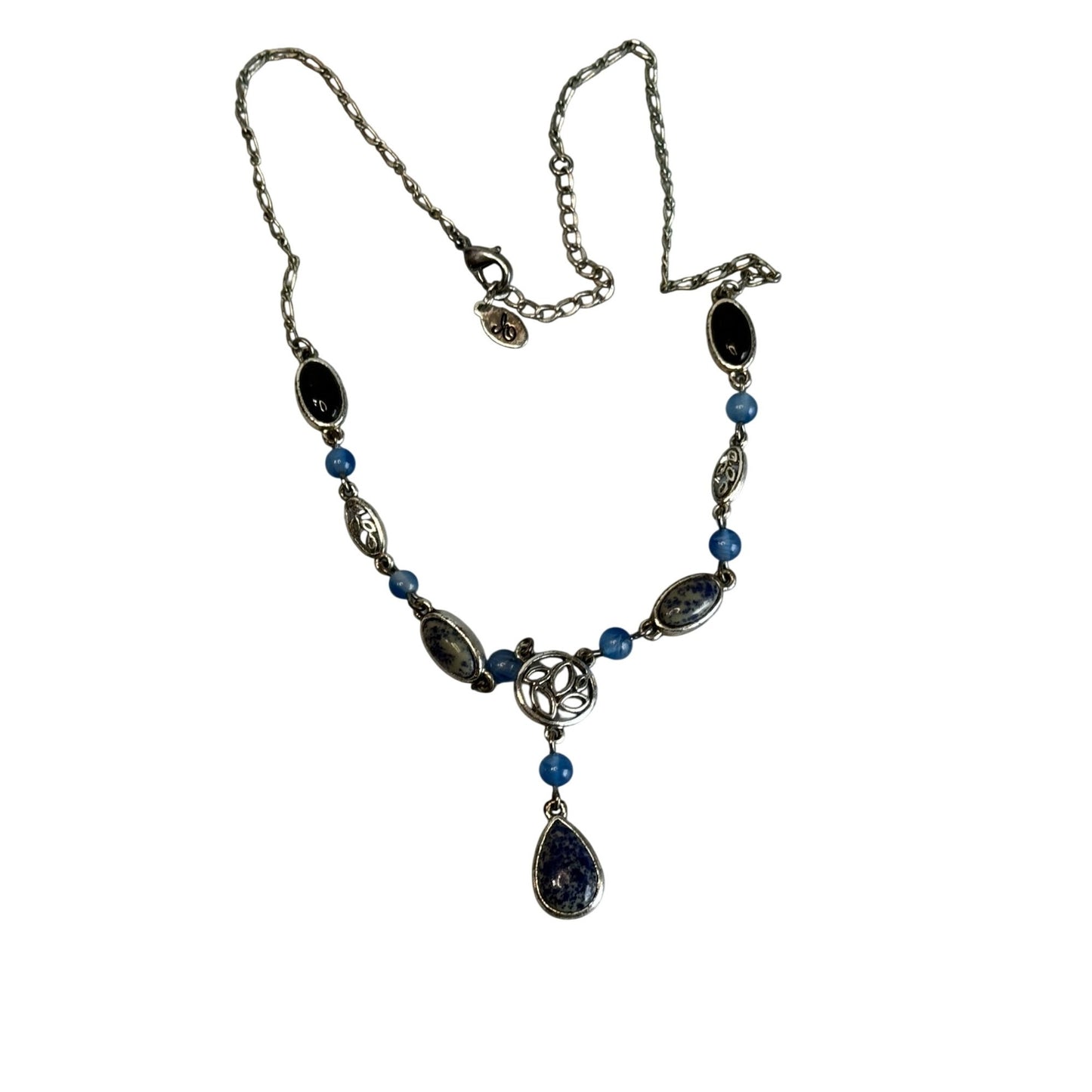 Vintage Lapis Lazuli Bead Necklace Silver Tone Celtic Knot Drop Pendant 16"