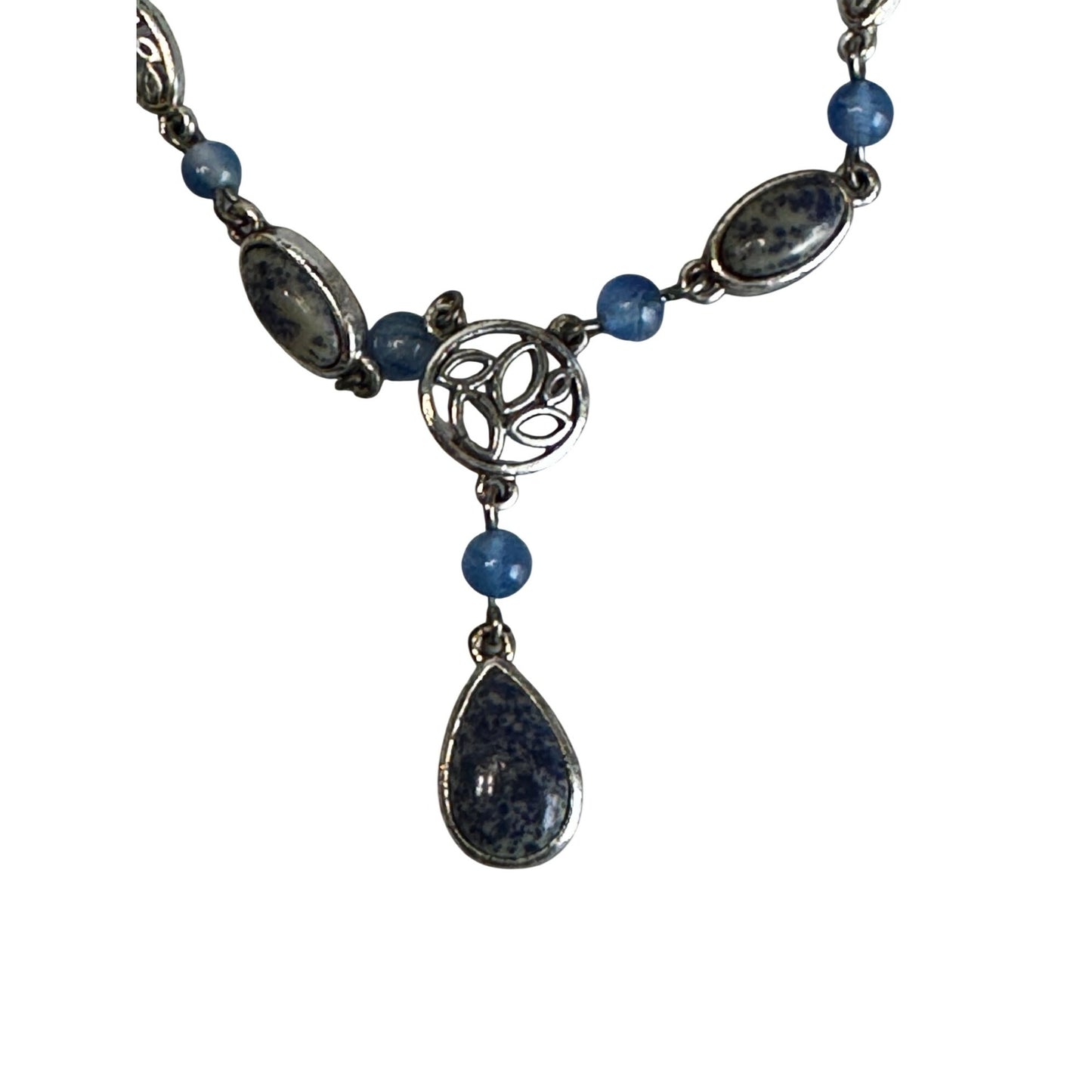 Vintage Lapis Lazuli Bead Necklace Silver Tone Celtic Knot Drop Pendant 16"