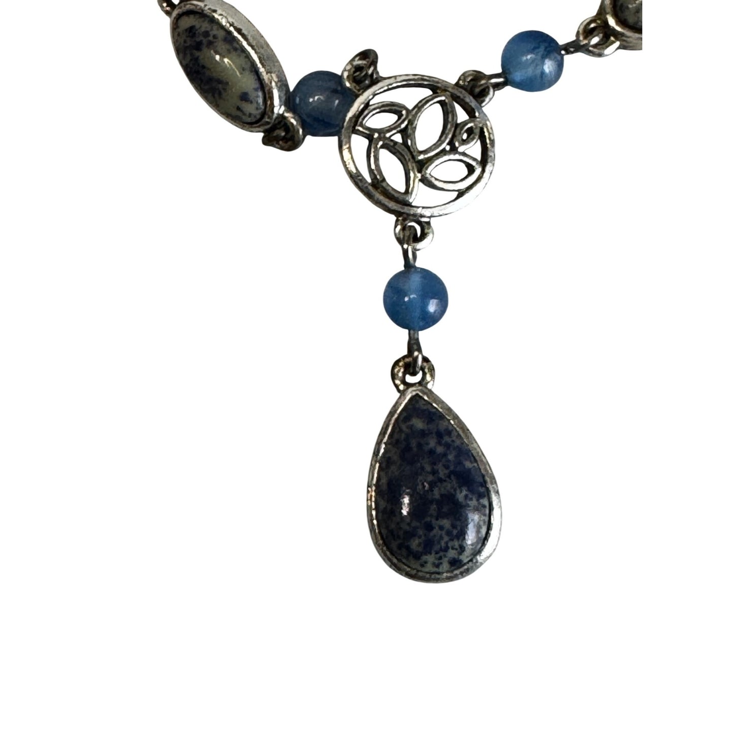 Vintage Lapis Lazuli Bead Necklace Silver Tone Celtic Knot Drop Pendant 16"