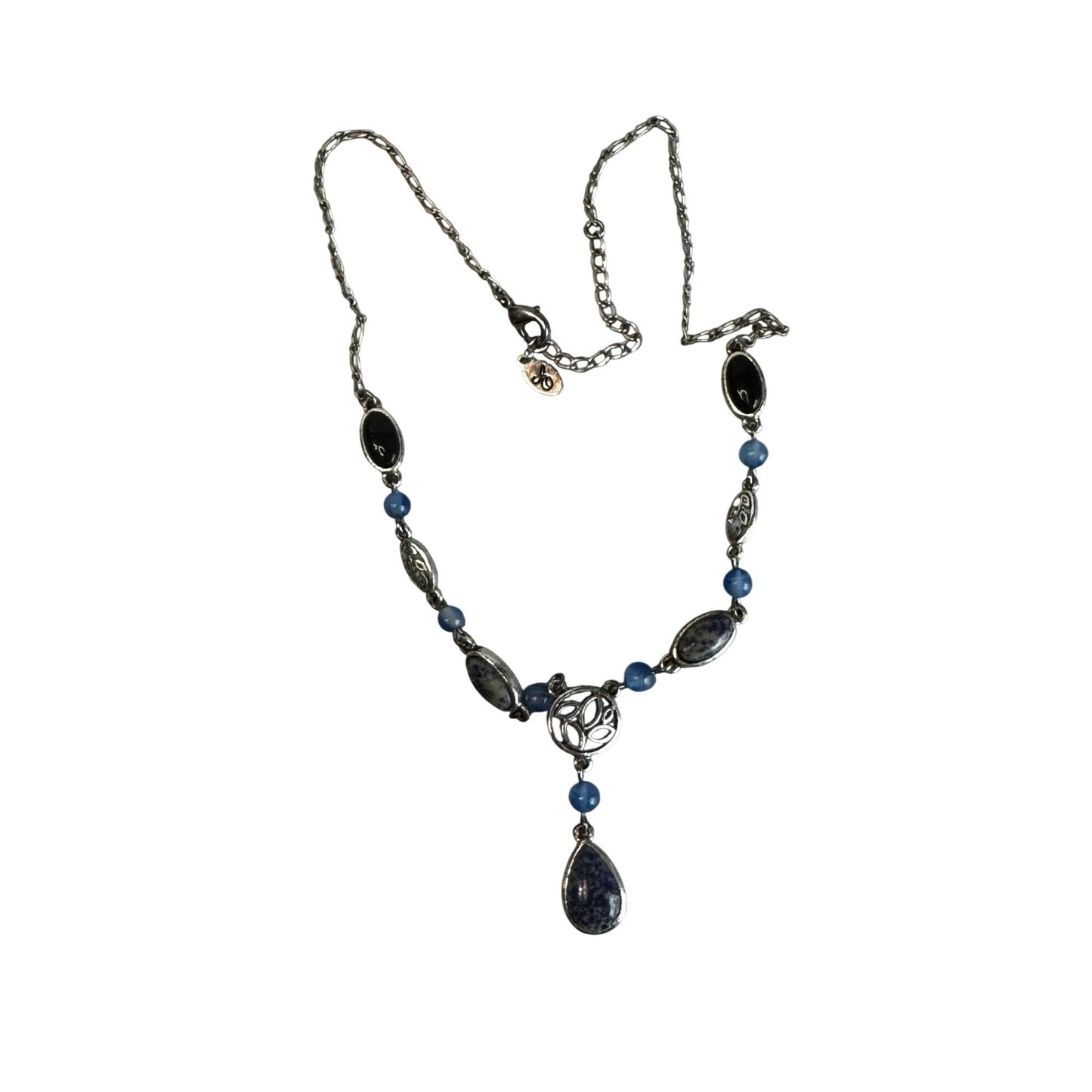 Vintage Lapis Lazuli Bead Necklace Silver Tone Celtic Knot Drop Pendant 16"