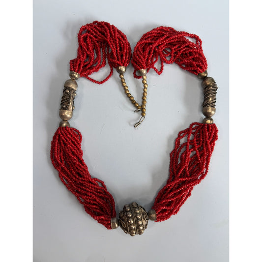 Vintage 1960s Tribal Red Coral Seed Beaded MultiStrand Necklace Oxidized Silver
