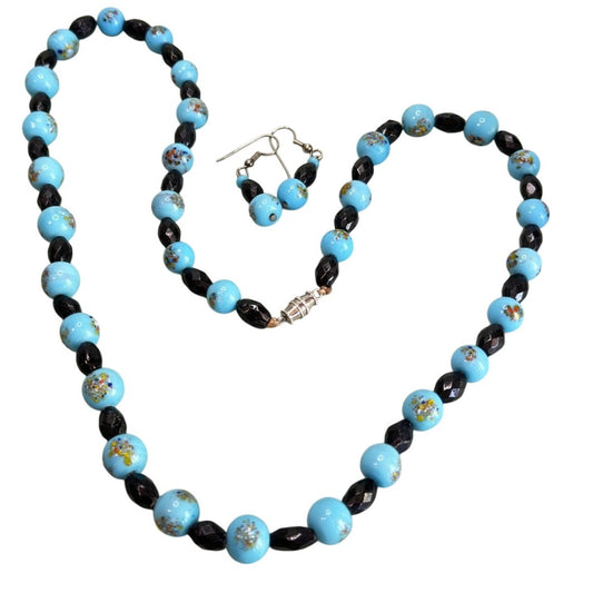 Blue & Black Glass Beads Hand-Painted Embossed Design Jewelry Set 24"