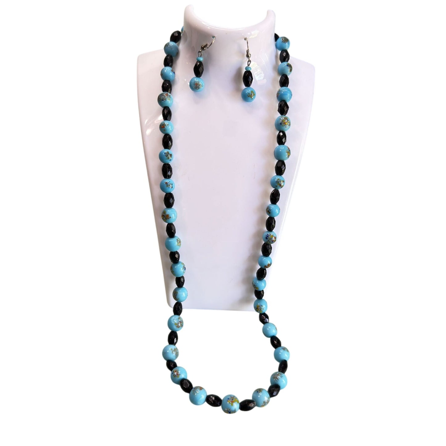 Blue & Black Glass Beads Hand-Painted Embossed Design Jewelry Set 24"