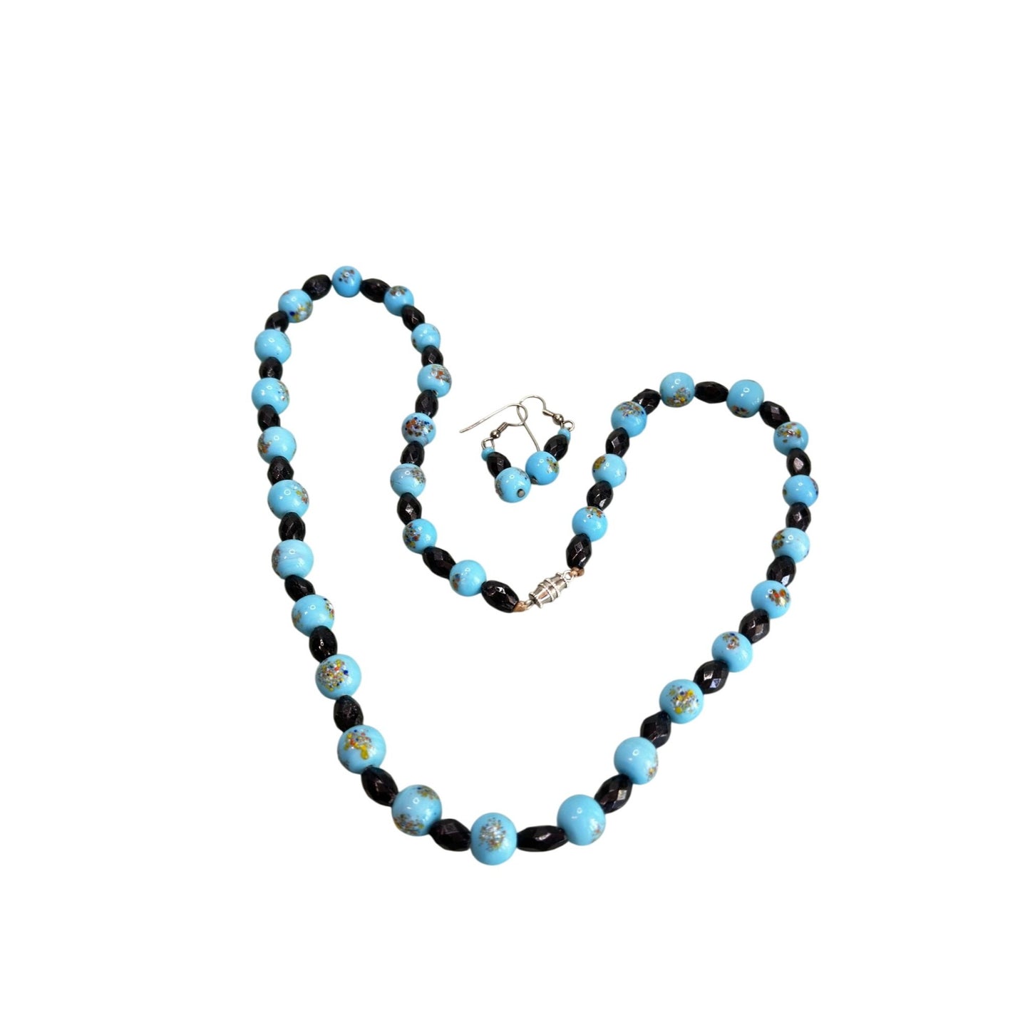 Blue & Black Glass Beads Hand-Painted Embossed Design Jewelry Set 24"