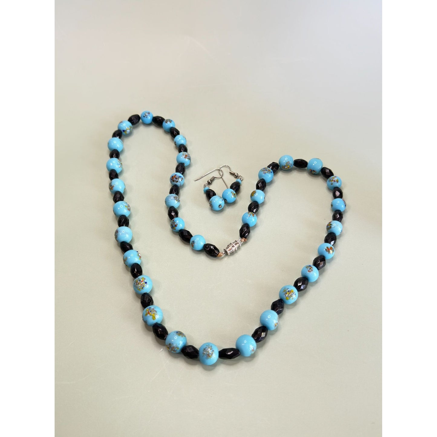 Blue & Black Glass Beads Hand-Painted Embossed Design Jewelry Set 24"