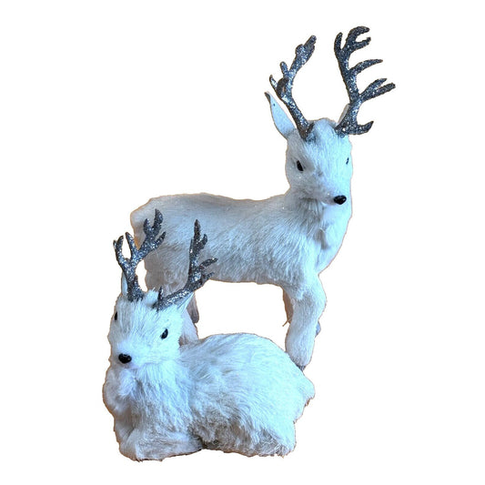 Pair of Raz White Furry Silver Glittered Reindeer Figurines Christmas Decor 11"