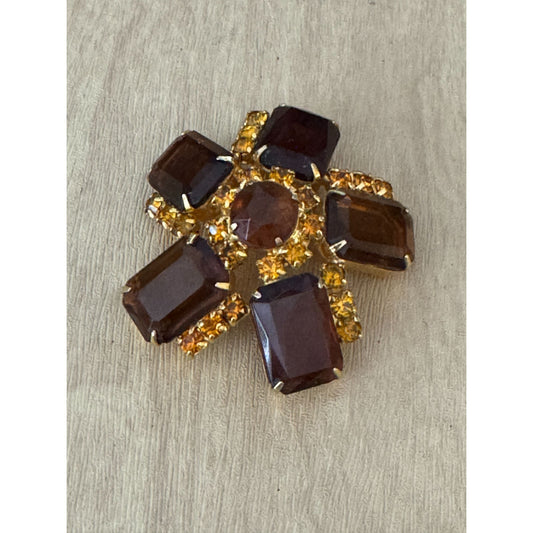 Vintage Rhinestone Brooch Amber Honey Glass Accent Jewelry Piece