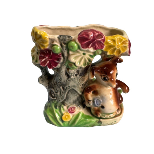 Vintage Japan Chipmunk Wall Pocket Planter Tree Flowers Hand Painted 1950s 5.25