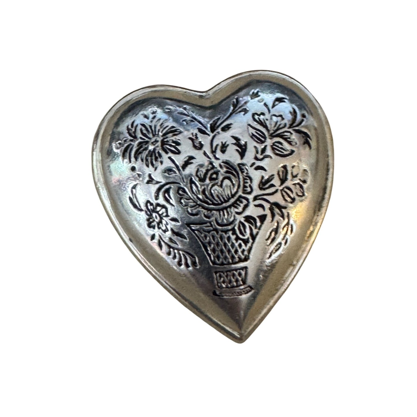 Vintage Kelt Sterling Silver Heart Brooch Floral Design France C1930s 1 1/8"