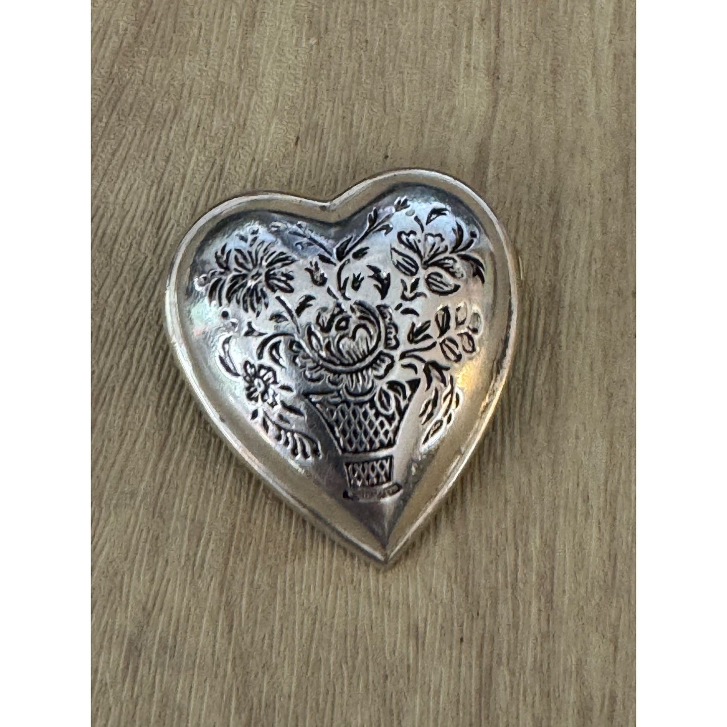 Vintage Kelt Sterling Silver Heart Brooch Floral Design France C1930s 1 1/8"