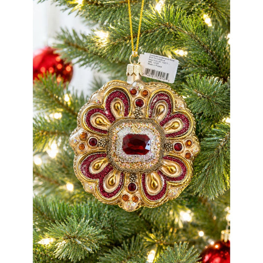 Vintage Polish Glass Jewel Ornament Bloomingdales Ruby Glitter Medallion 3.5”