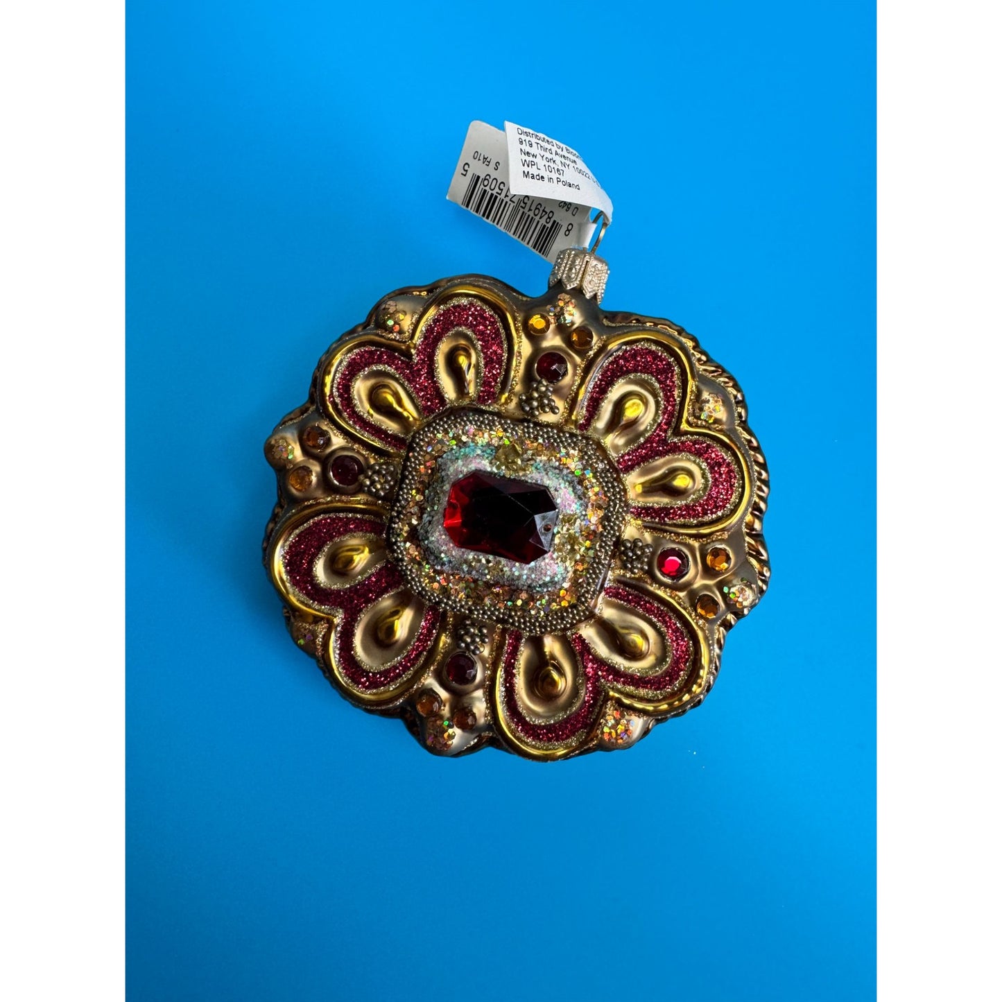 Vintage Polish Glass Jewel Ornament Bloomingdales Ruby Glitter Medallion 3.5”