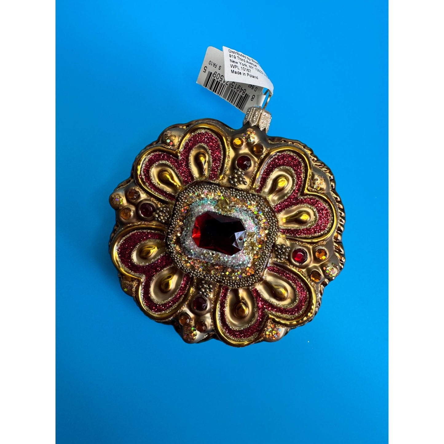 Vintage Polish Glass Jewel Ornament Bloomingdales Ruby Glitter Medallion 3.5”