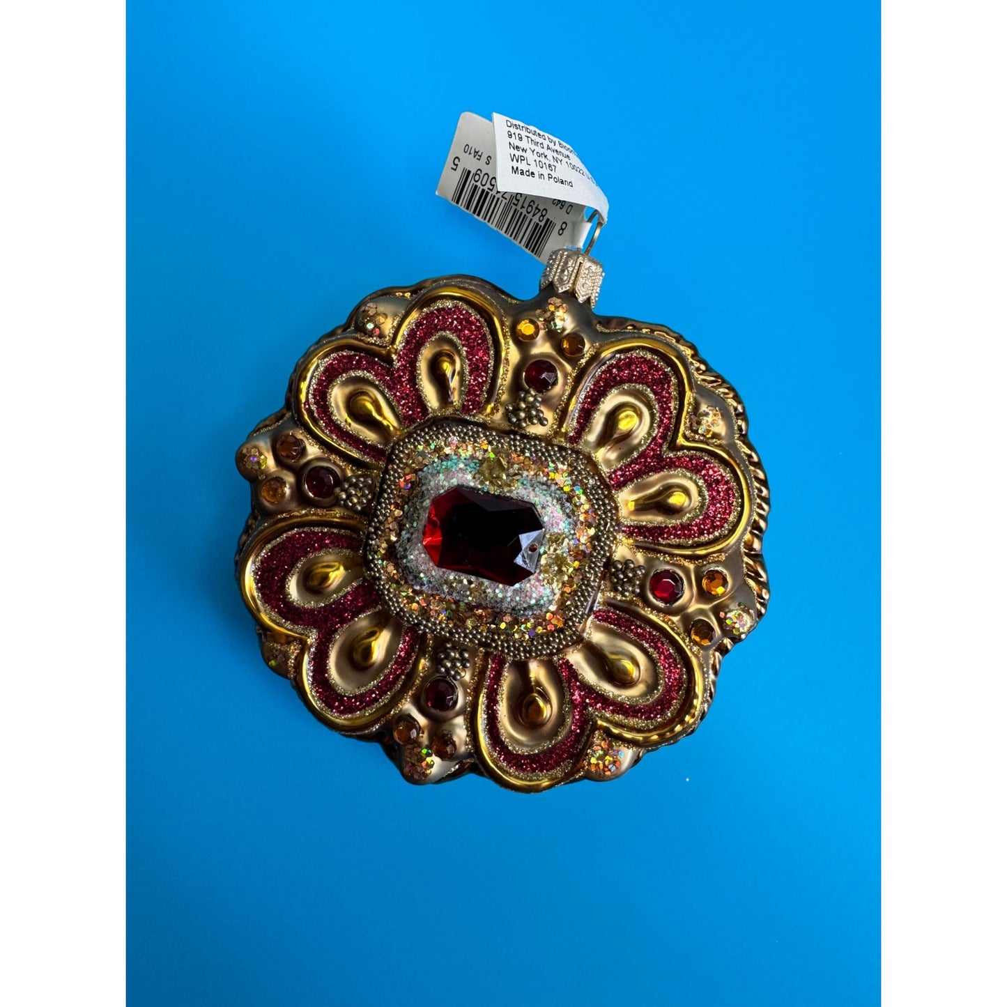 Vintage Polish Glass Jewel Ornament Bloomingdales Ruby Glitter Medallion 3.5”