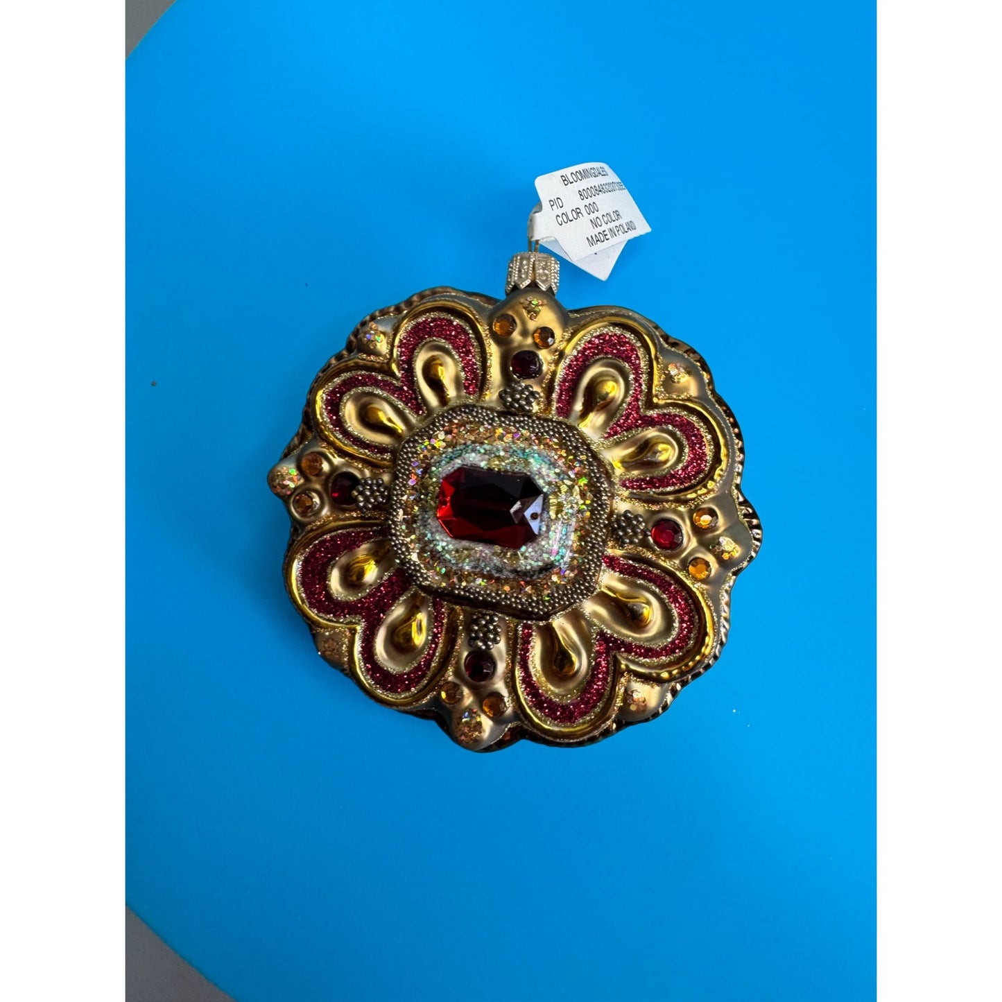 Vintage Polish Glass Jewel Ornament Bloomingdales Ruby Glitter Medallion 3.5”