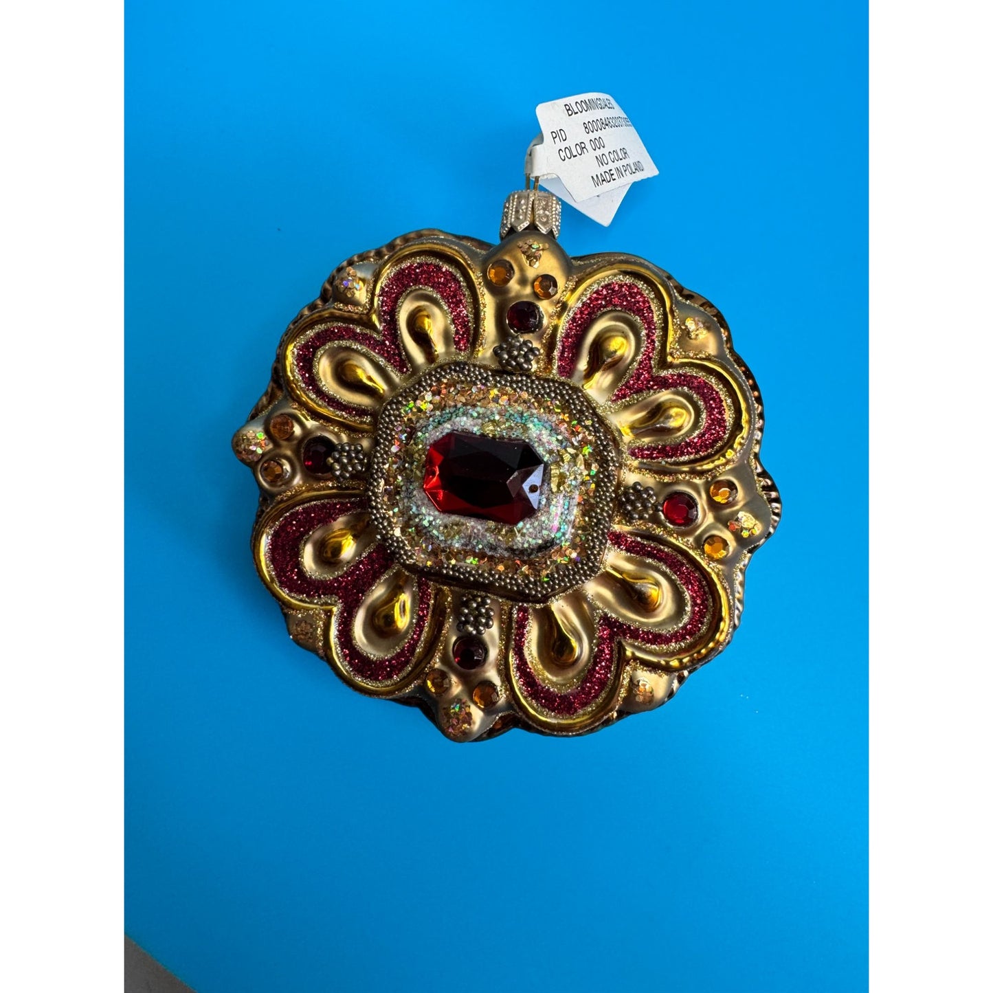 Vintage Polish Glass Jewel Ornament Bloomingdales Ruby Glitter Medallion 3.5”