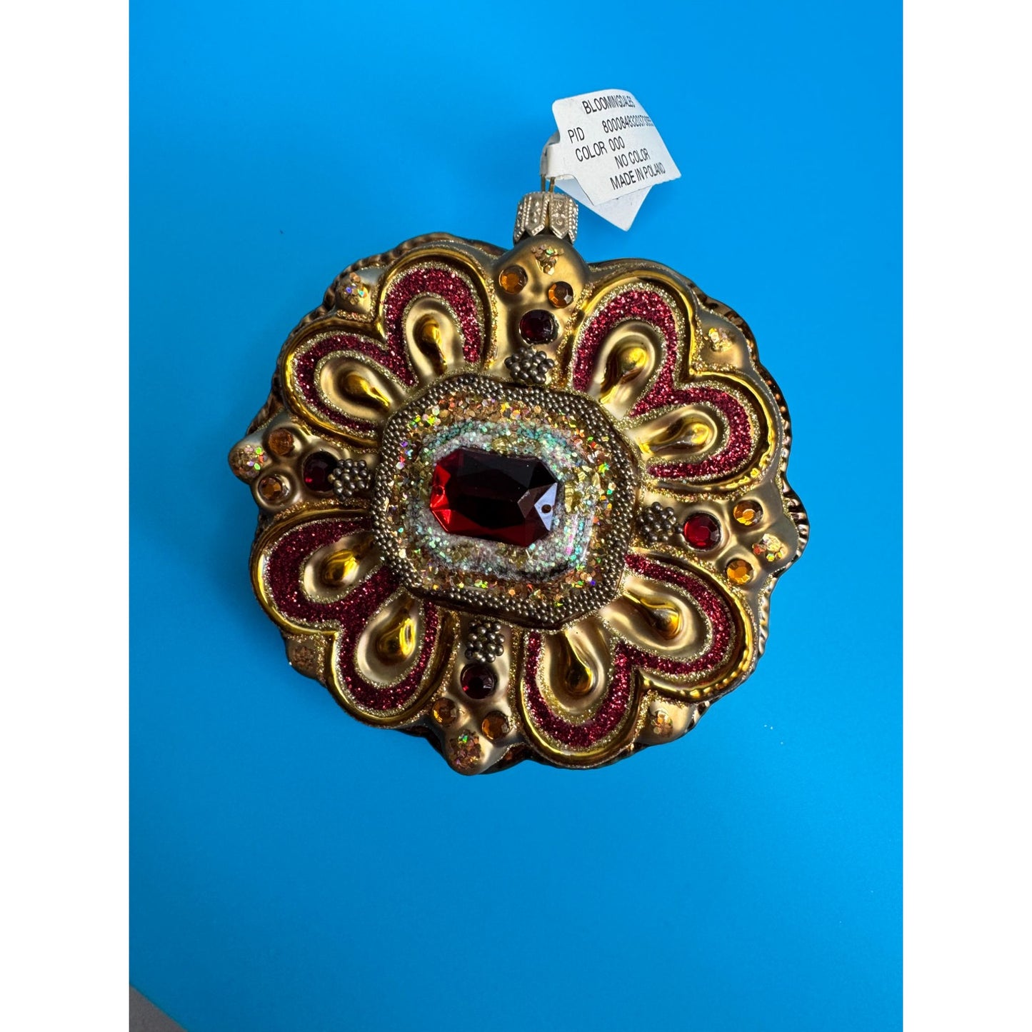 Vintage Polish Glass Jewel Ornament Bloomingdales Ruby Glitter Medallion 3.5”