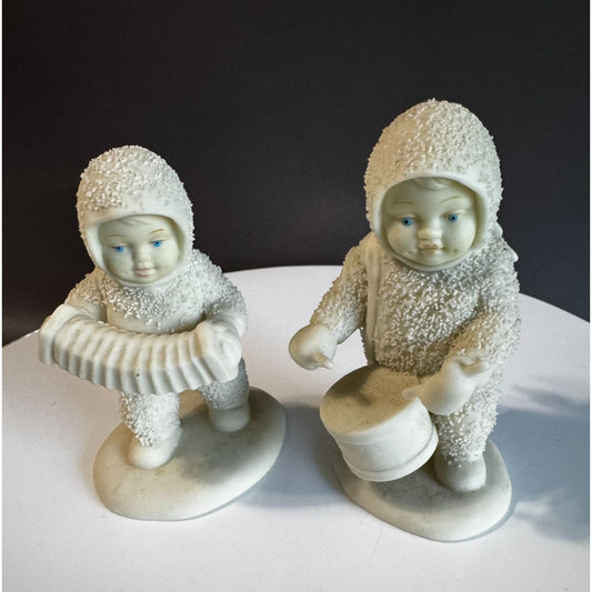 Dept 56 Snowbabies Vintage Figurines Set Accordion & Drum 4" Bisque Christmas