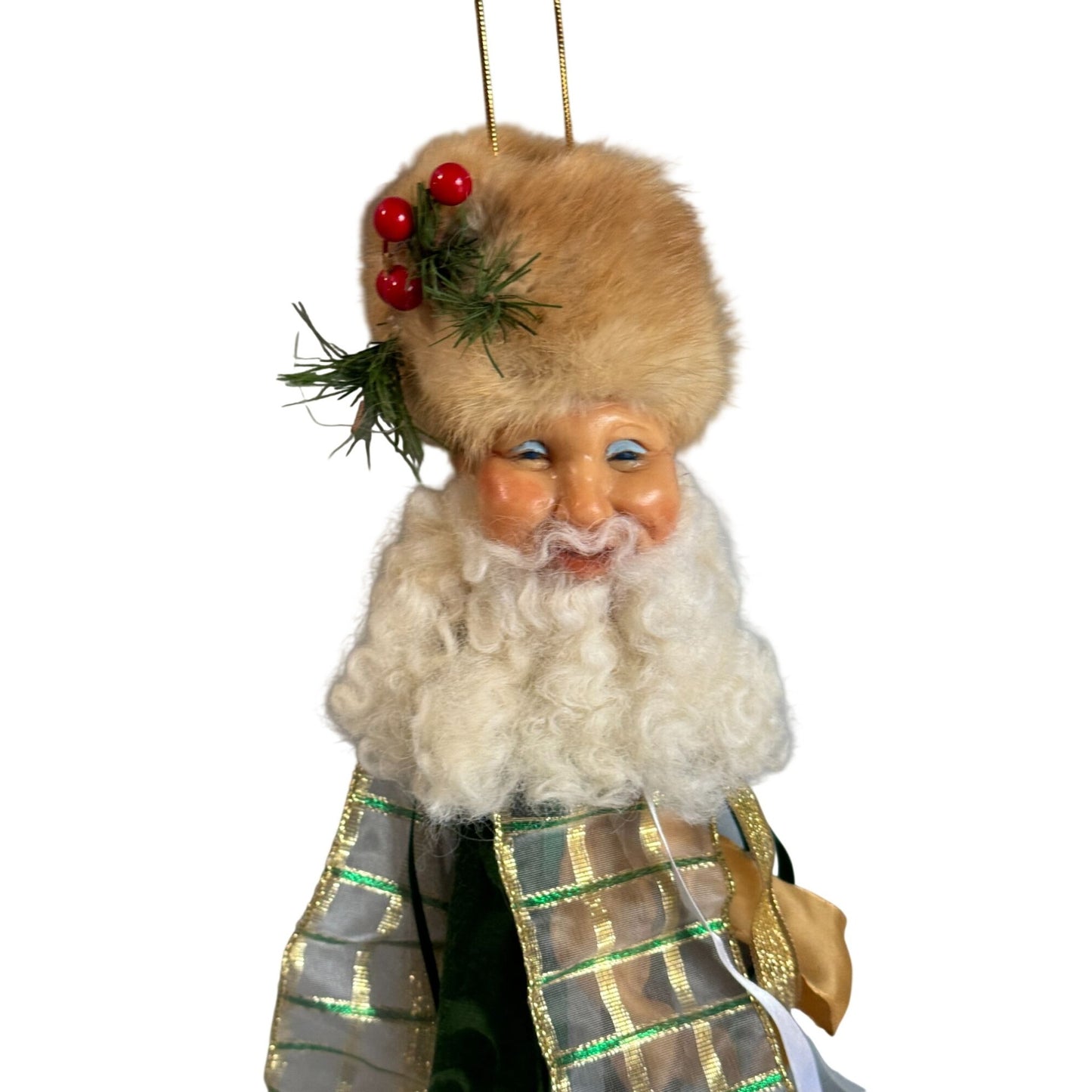 Handmade Folk Art Russian Style Santa Ornament Fur Hat Holly Green Gold Ribbon 9"