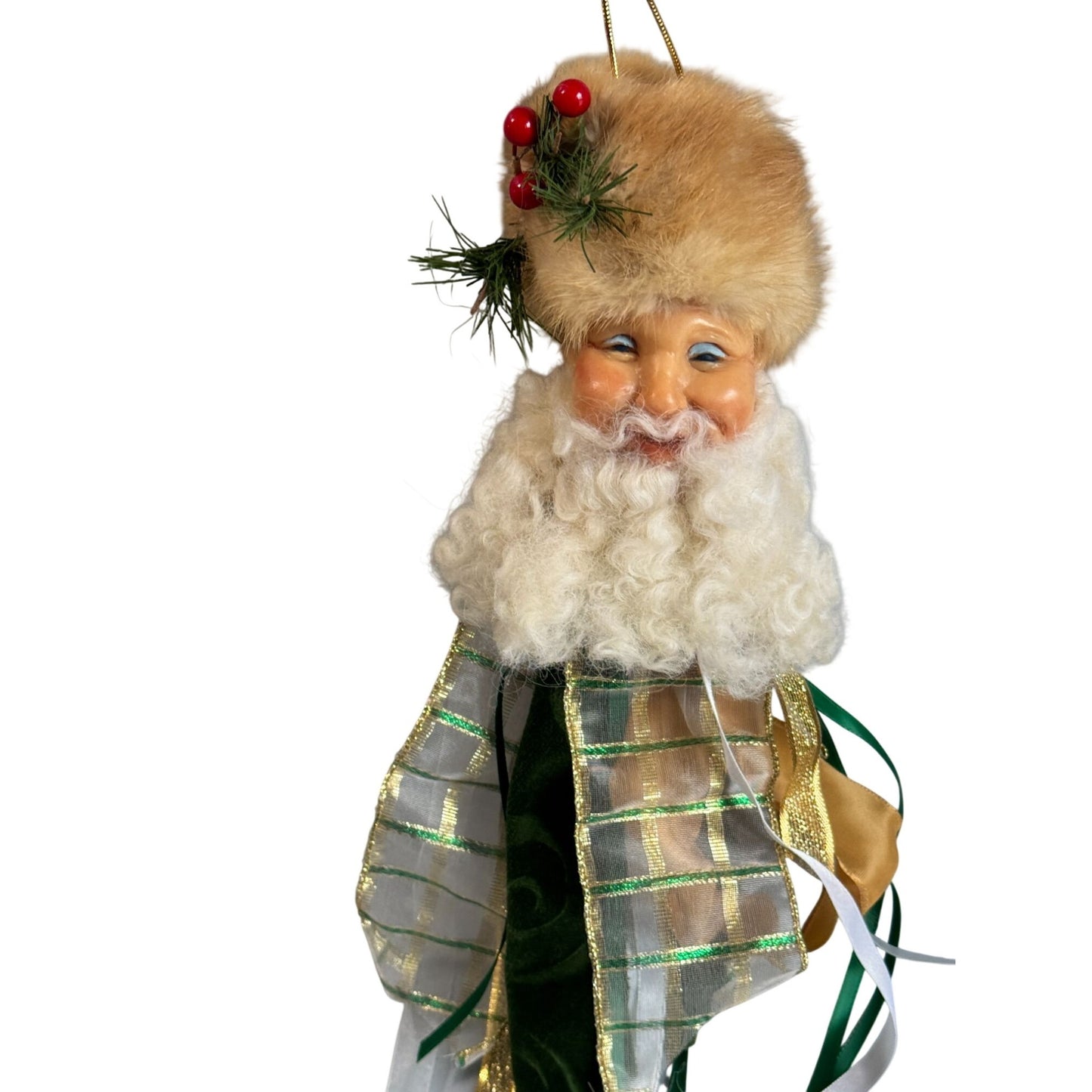 Handmade Folk Art Russian Style Santa Ornament Fur Hat Holly Green Gold Ribbon 9"
