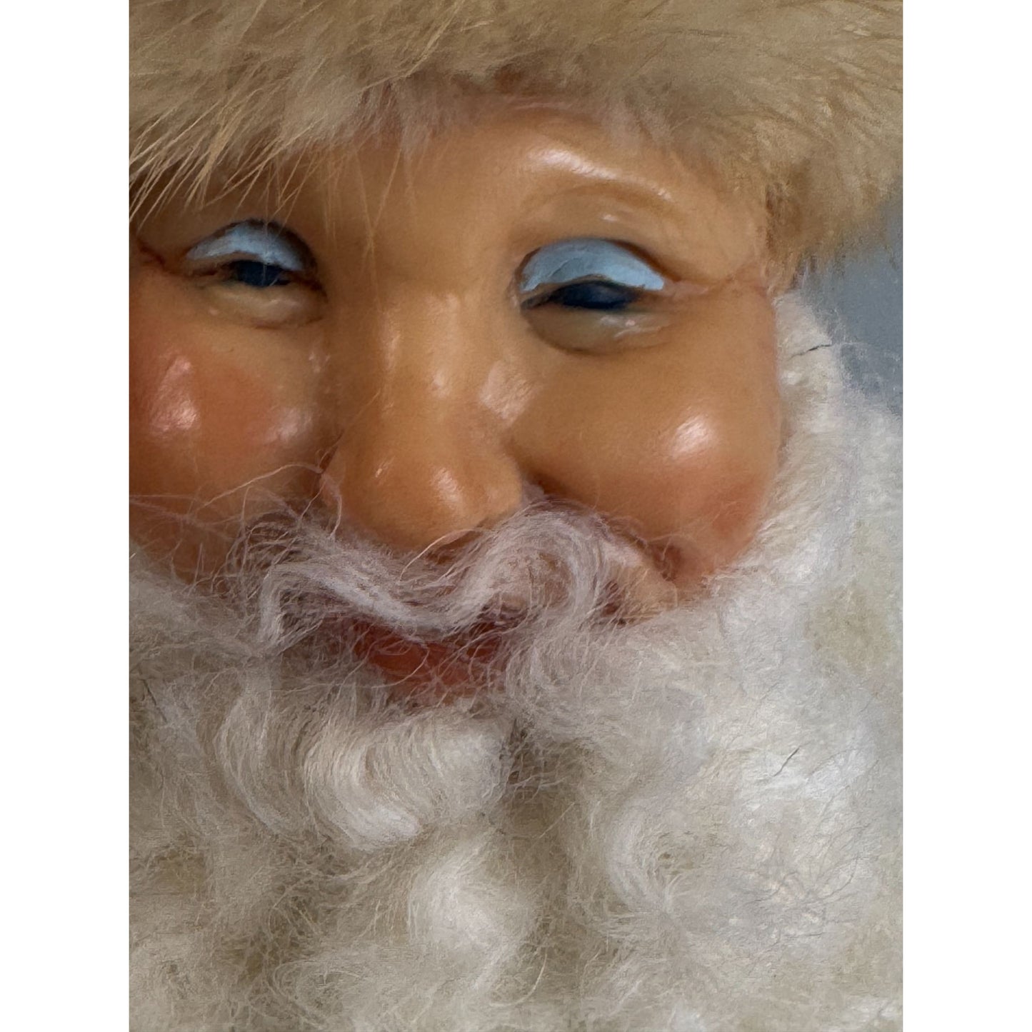 Handmade Folk Art Russian Style Santa Ornament Fur Hat Holly Green Gold Ribbon 9"