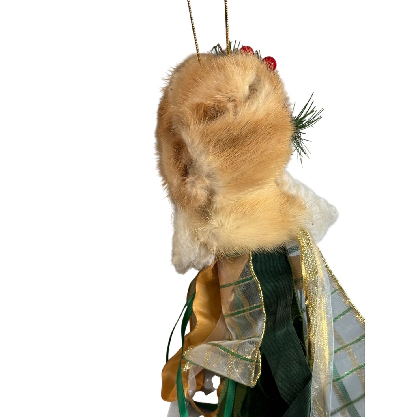 Handmade Folk Art Russian Style Santa Ornament Fur Hat Holly Green Gold Ribbon 9"