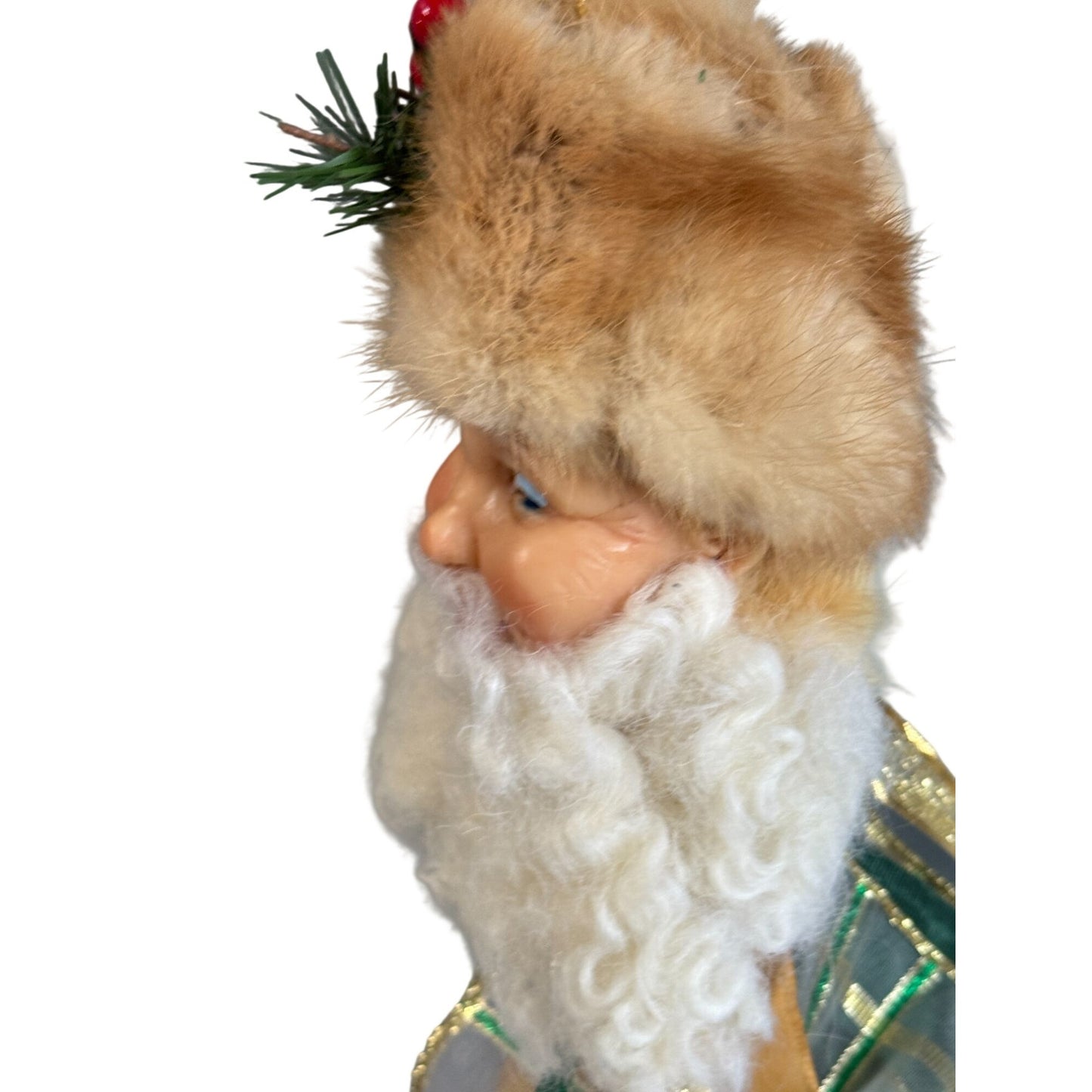 Handmade Folk Art Russian Style Santa Ornament Fur Hat Holly Green Gold Ribbon 9"